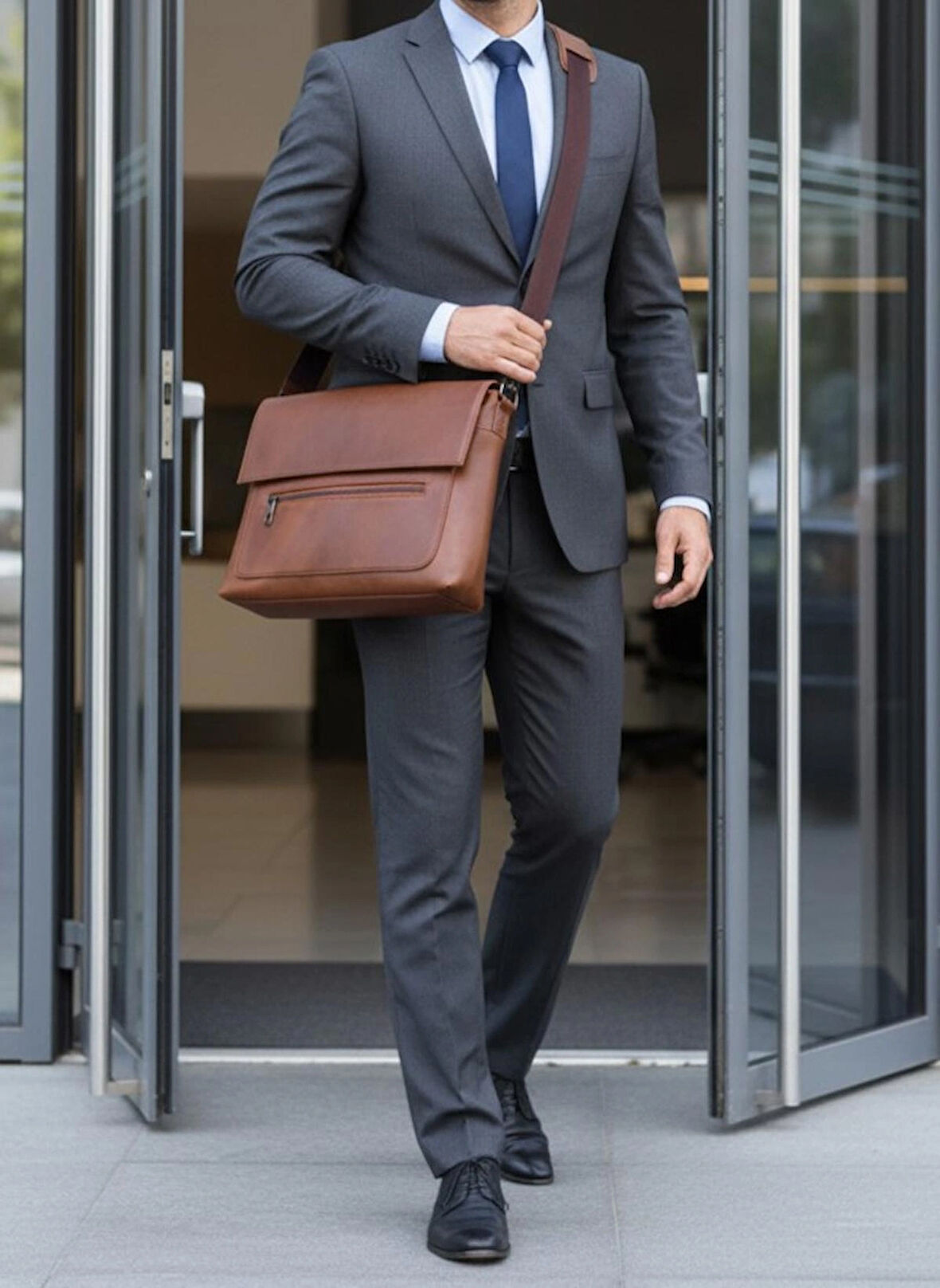 NEWFULL POSTACI ASKILI KAPAKLI OMUZ ÇANTASI - BÜYÜK BOY - HAKİKİ DERİ-TABA