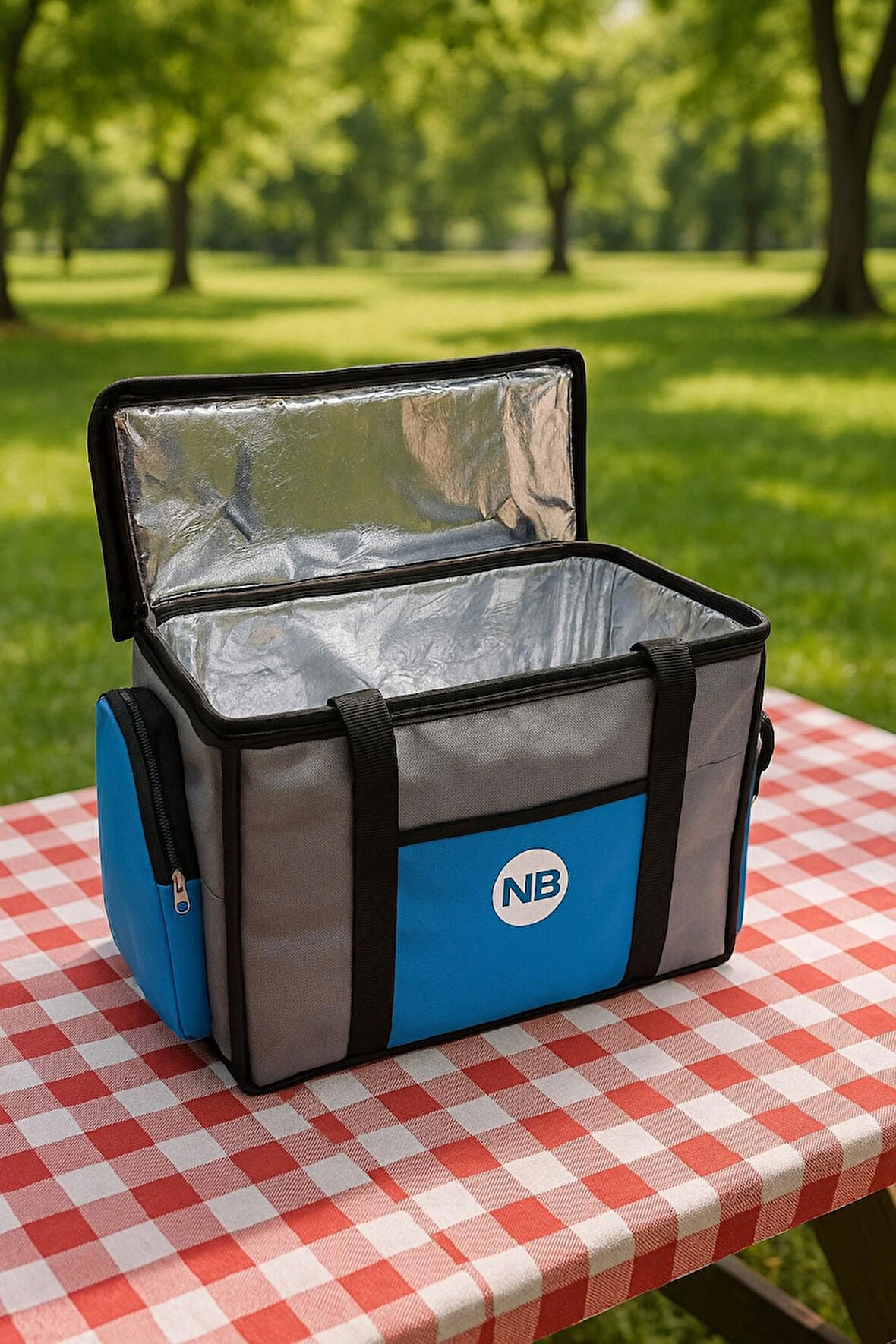 NEWBAG YANDAN CEPLİ YALITIMLI SOĞUTUCU  EL ASKILI TAŞINABİLİR KAMP PİKNİK ÇANTASI-ORTA BOY-GRİ MAVİ