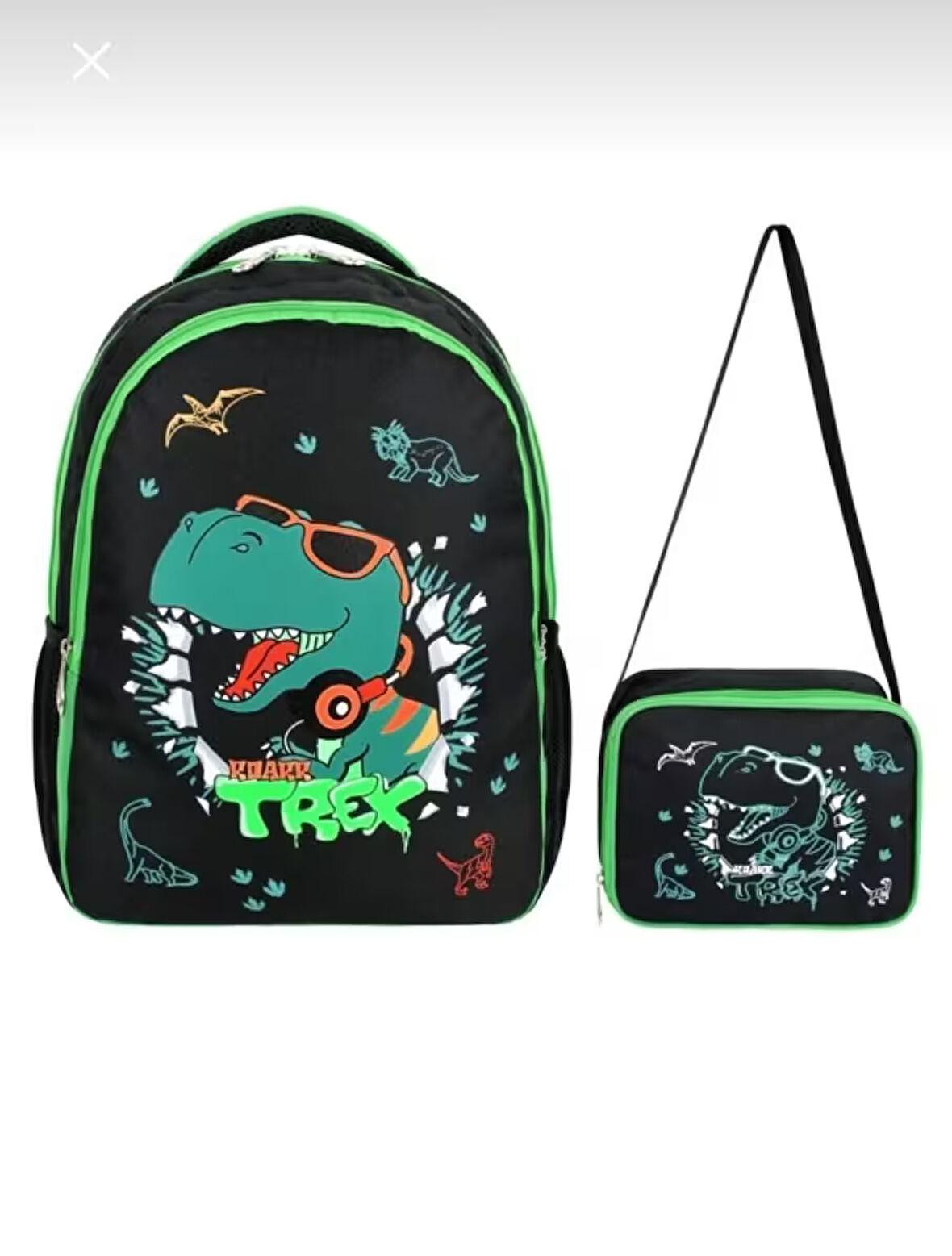 NEWFULL DİNOZOR BASKILI Erkek Çocuk  SIRT OKUL ÇANTASI-2'Lİ SET (YENİ SEZON)-SİYAH YEŞİL
