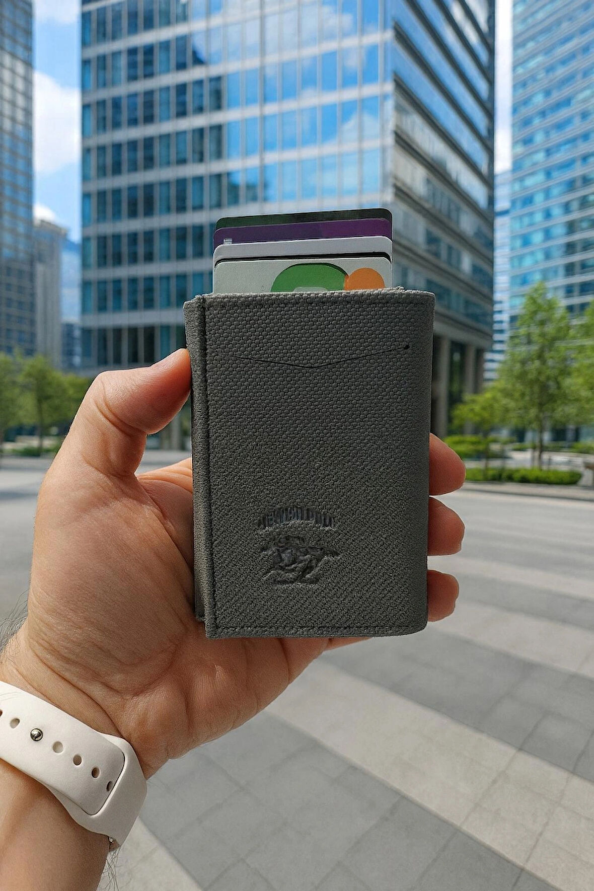 NEWİSH POLO RFİD ÖZELLİKLİ PATLI MEKANİZMALI CÜZDAN KARTLIK -DOKULU SUNİ DERİ GRİ