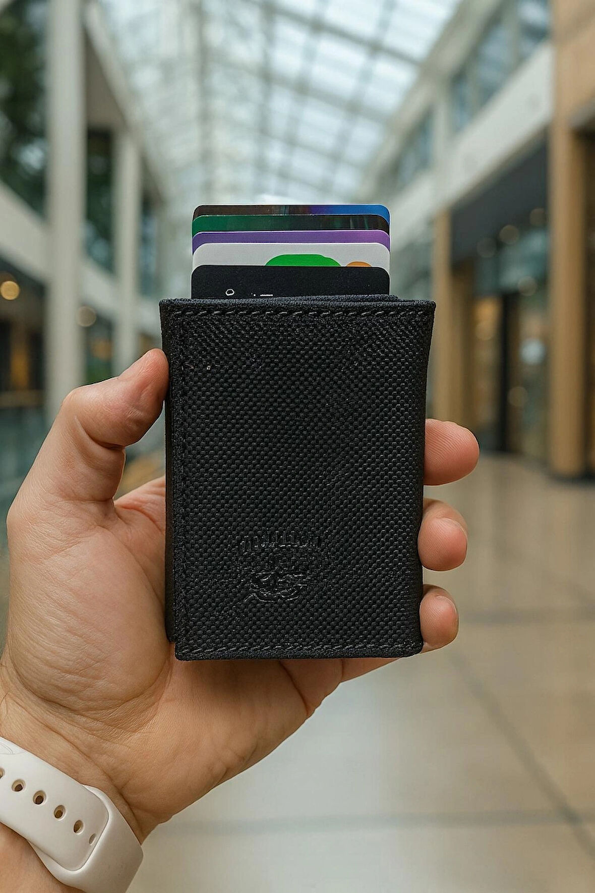 NEWİSH POLO RFİD ÖZELLİKLİ PATLI MEKANİZMALI CÜZDAN KARTLIK -DOKULU SUNİ DERİ SİYAH