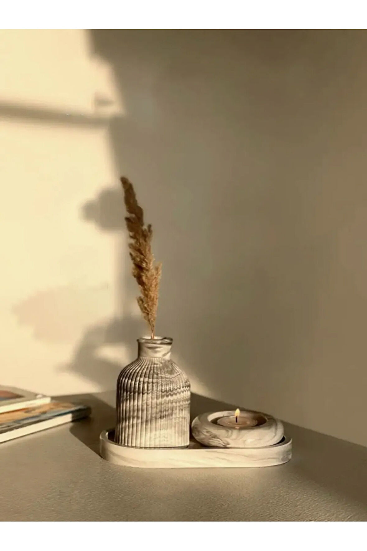 Seramik Vazo, Tealight Mumluk ve Dekoratif Tepsi Seti - Beyaz Minimal Tasarım