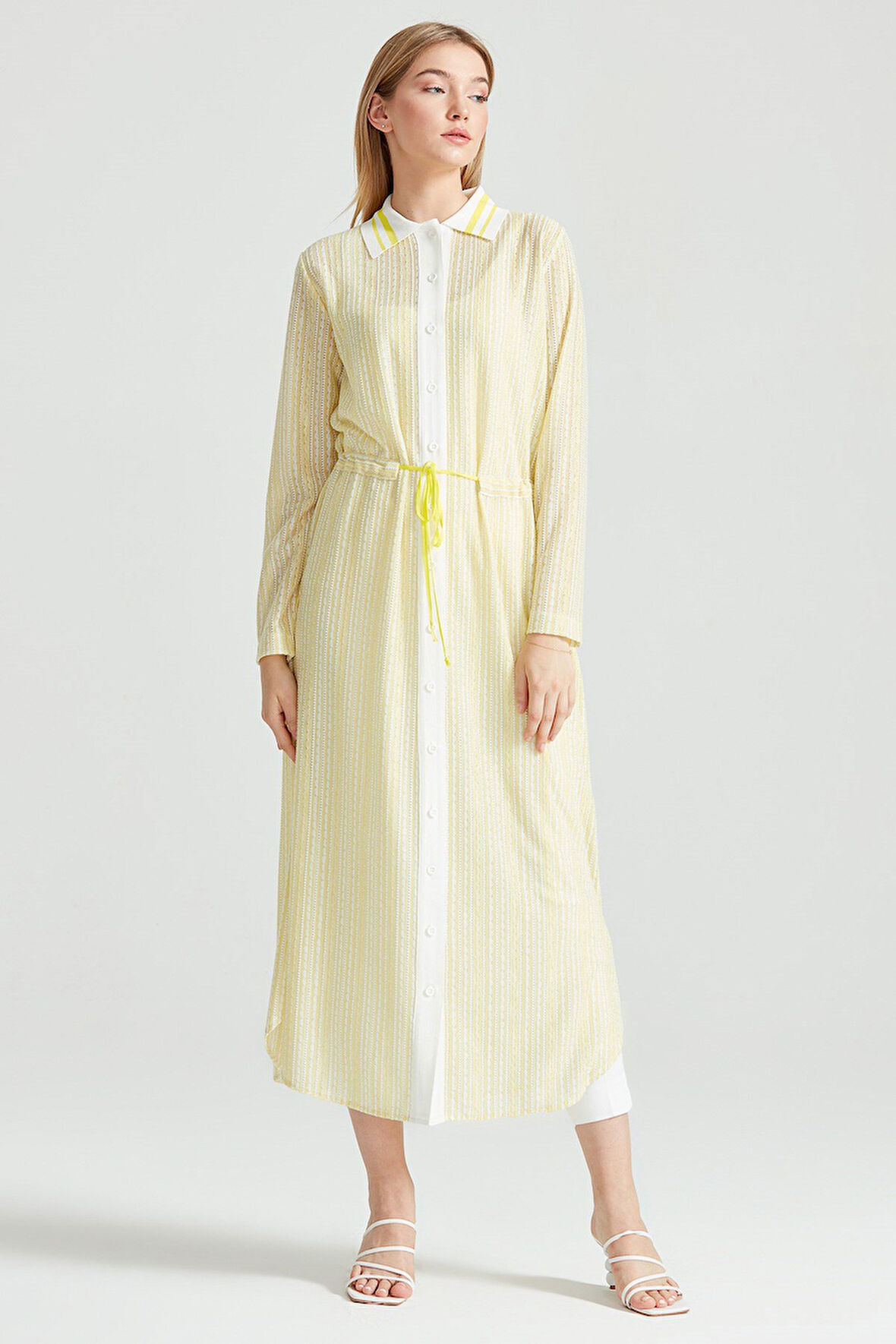 Kadın Sırtı Yazı Detaylı Kroşe Maxi Tunik - Sarı | 2