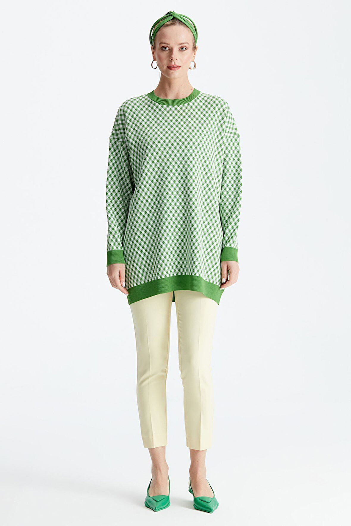 Kadın Pötikareli Rayon Tunik - Benetton Yeşili | 2