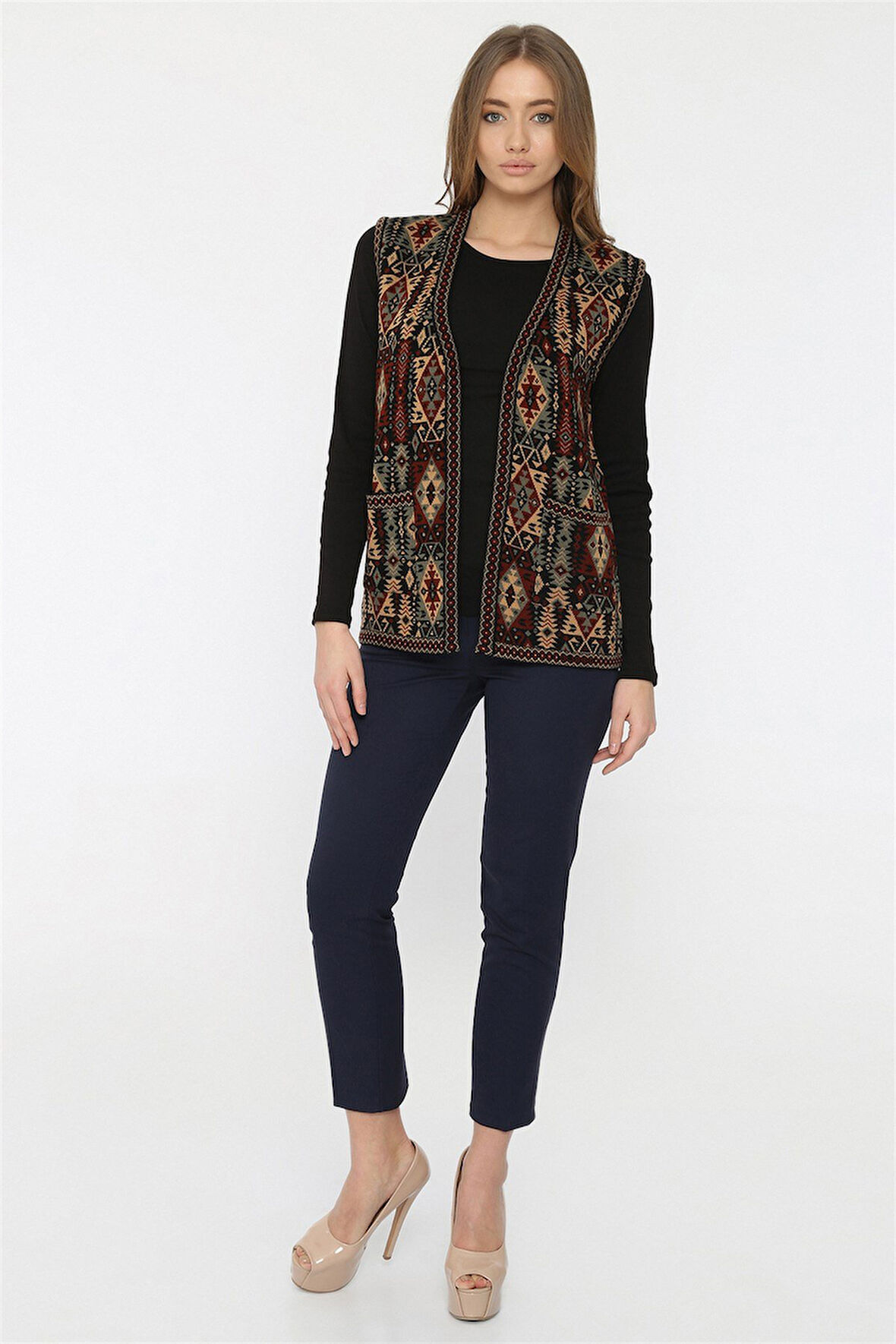 Kadın Çok Renkli Etnik Desenli Cepli Kilim Yelek