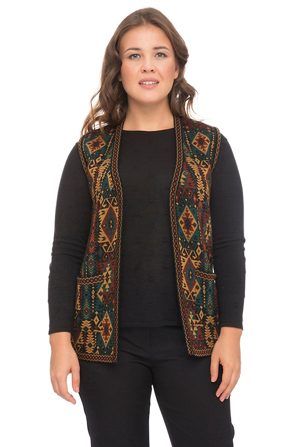 Kadın Petrol Renk Etnik Desenli Cepli Kilim Yelek