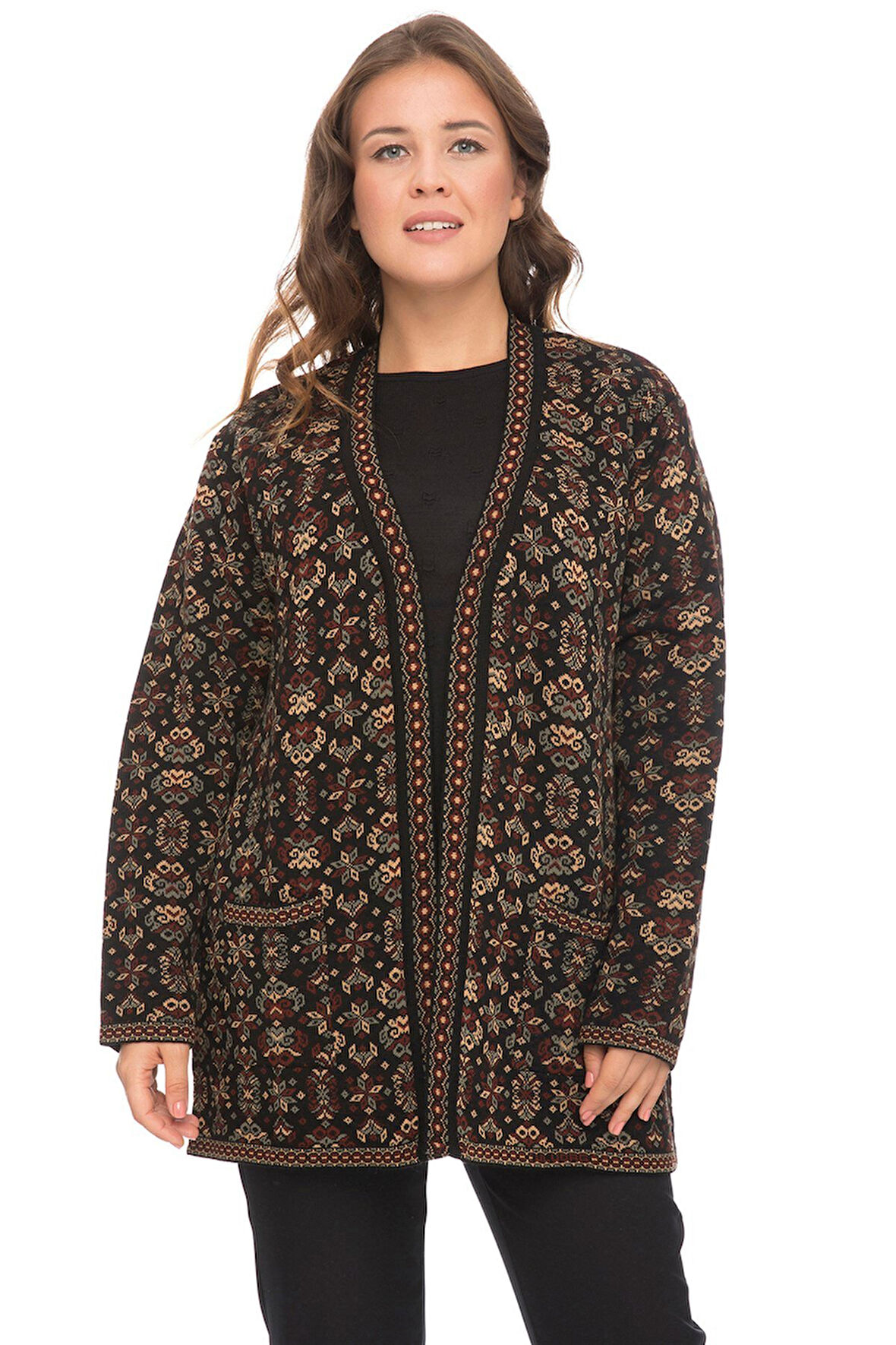 Kadın Çok Renkli Çiçek Desenli Cepli Kilim Hırka