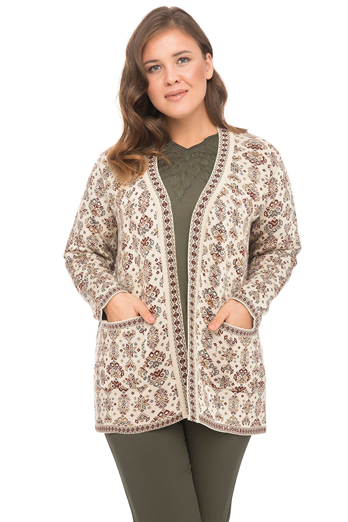 Kadın Taş Çiçek Desenli Cepli Kilim Hırka