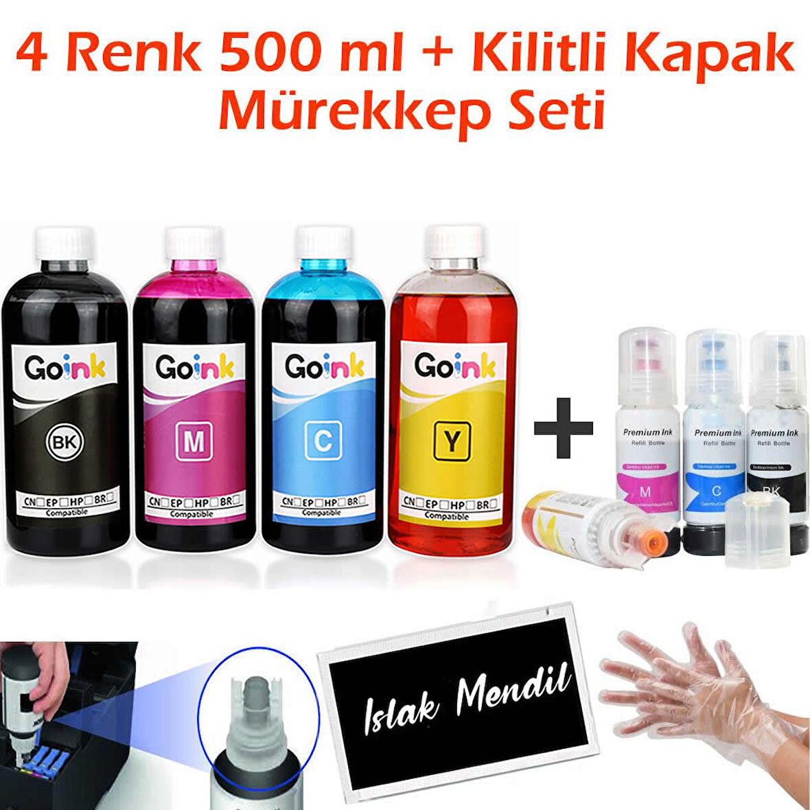 Epson L3252 4x500 ml Mürekkep + Kilitli Kapak Mürekkep Seti (Muadil)