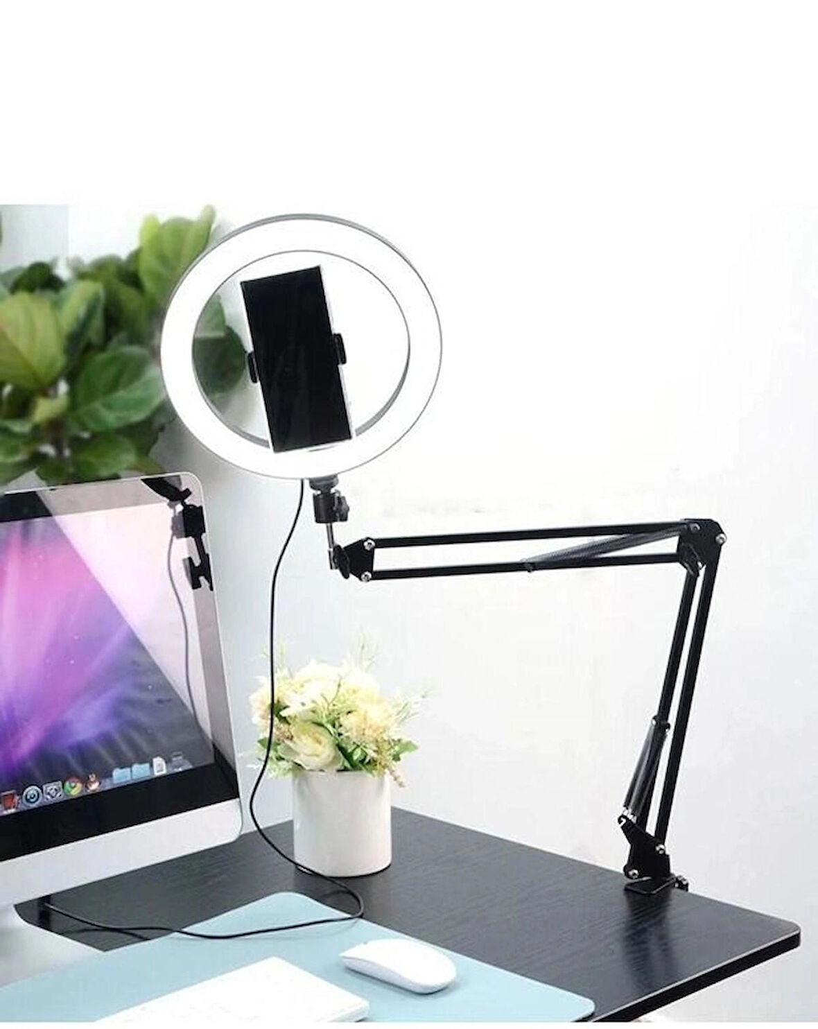 Telefon Tutuculu Masa Üstü Ring Light Işıklı Yaylı Ayarlanabilir Tripod – Canlı Yayın, Makyaj ve Video Çekimi İçin