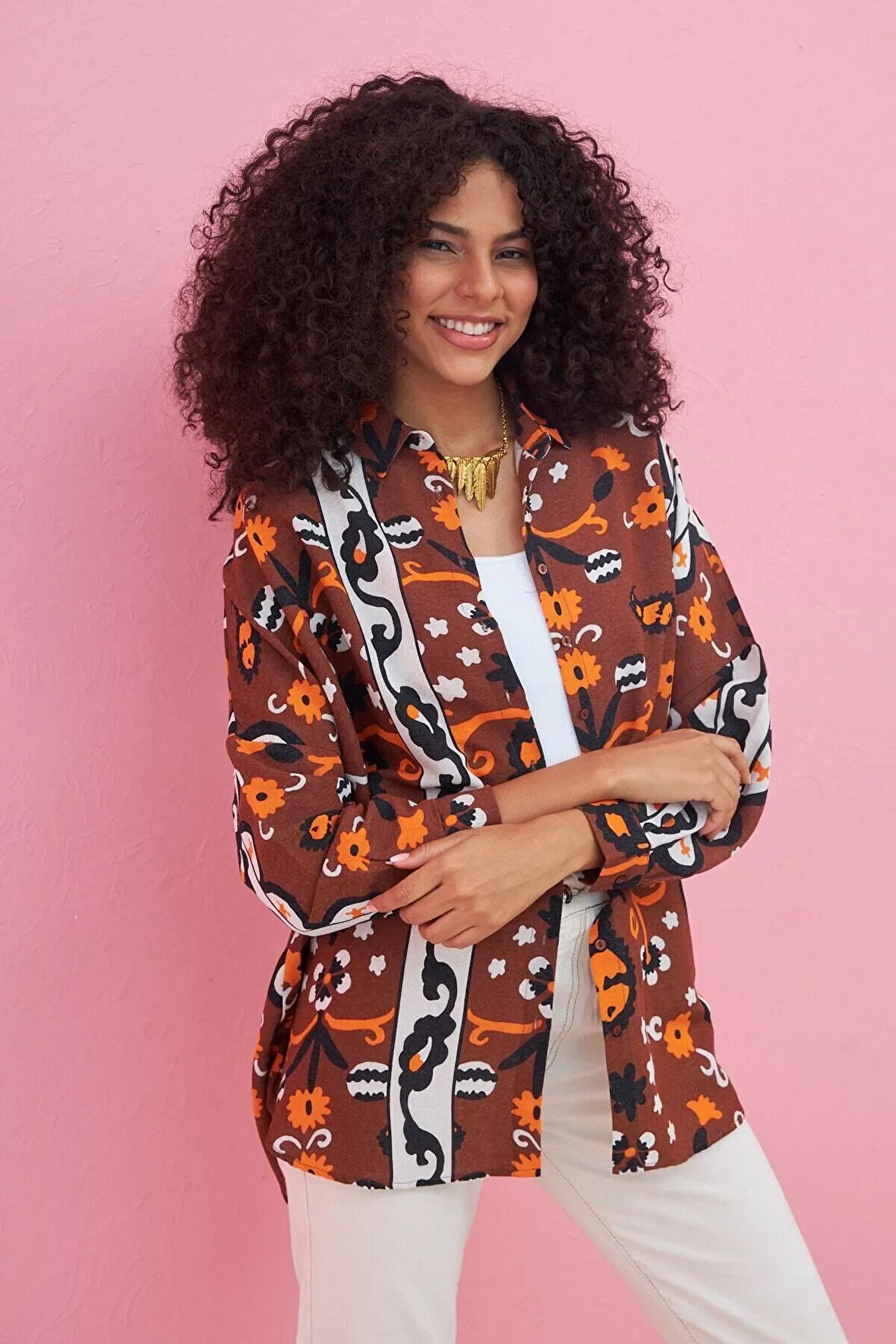 Dijital Baskılı Oversıze Kesim Keten Karışımlı Gömlek