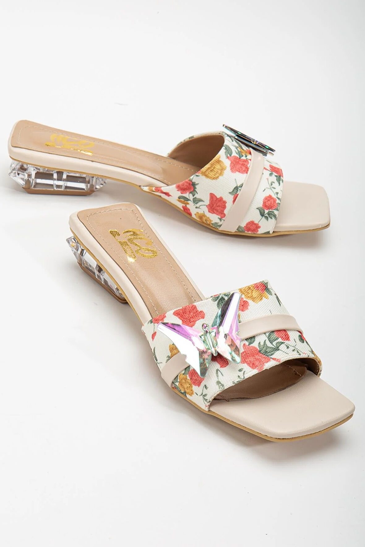 Çiçekli Saten Kelebek Taş Tokalı Ten Kadın Kısa Topuklu Terlik