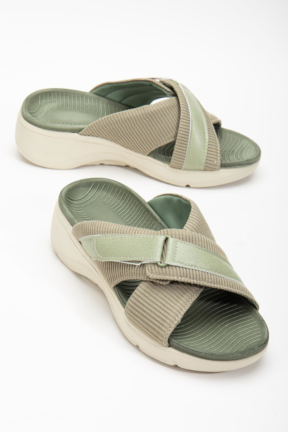 Keten Malzeme Faylon Haki Kadın Dolgu Taban Terlik