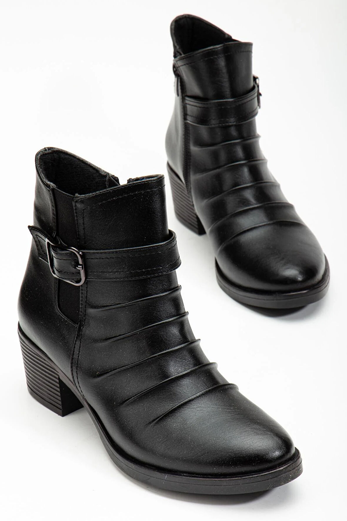 Kadın Topuklu Bot Günlük Siyah Yüzü Büzgülü Kalın Topuklu