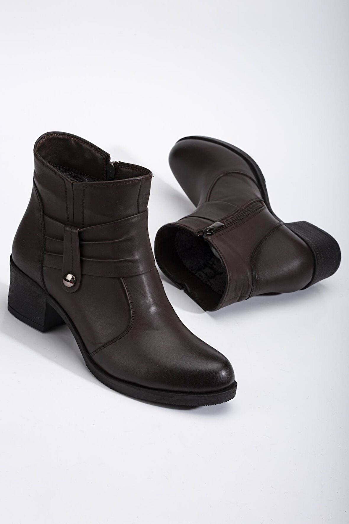 Hakiki Deri Kadın Topuklu Bot Kahve Bağsız Yuvarlak Burun