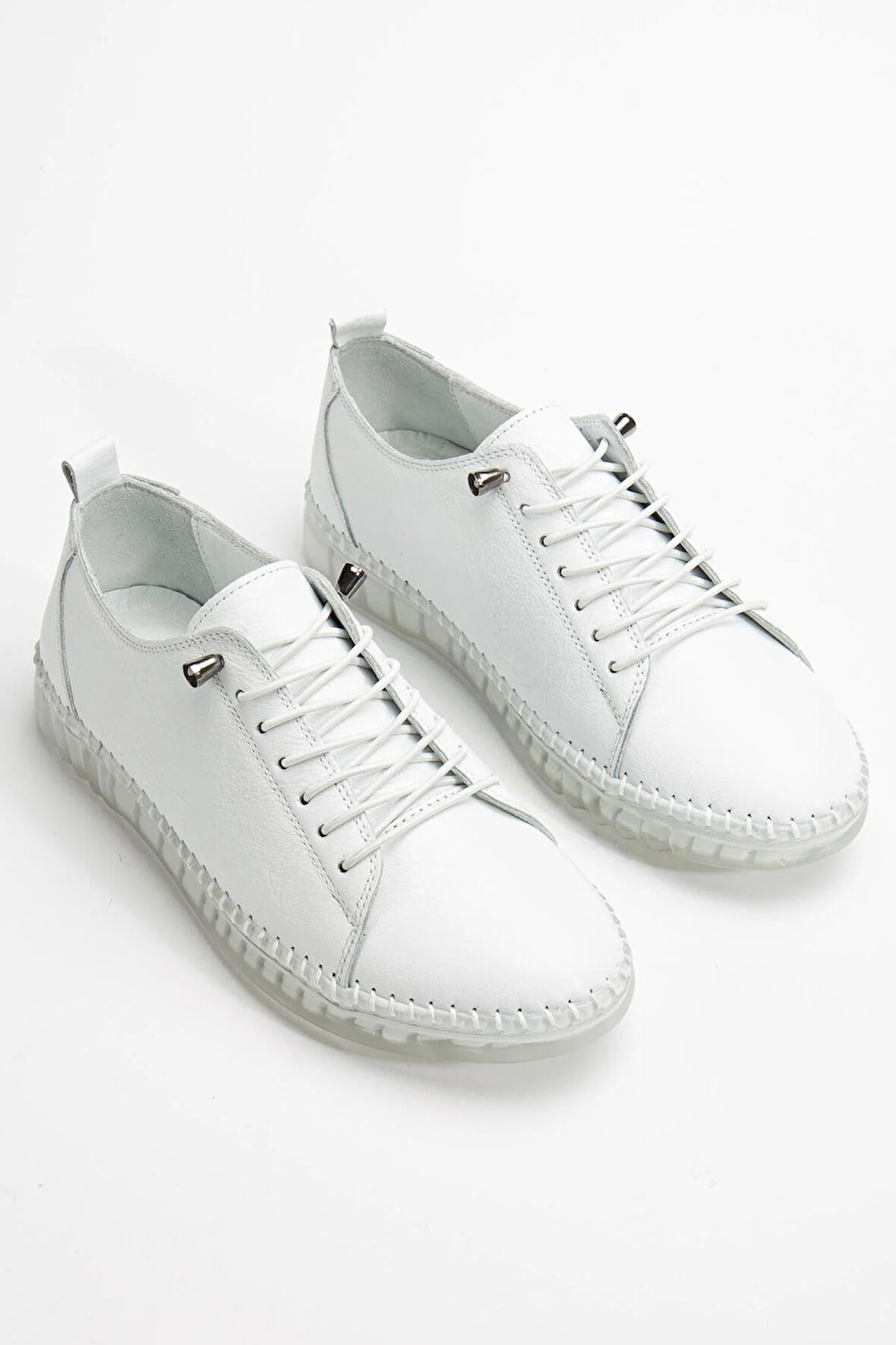 Hakiki Deri Ortopedik Kadın Ayakkabısı Günlük Beyaz Şeffaf Tabanlı Elastik Bağcıklı