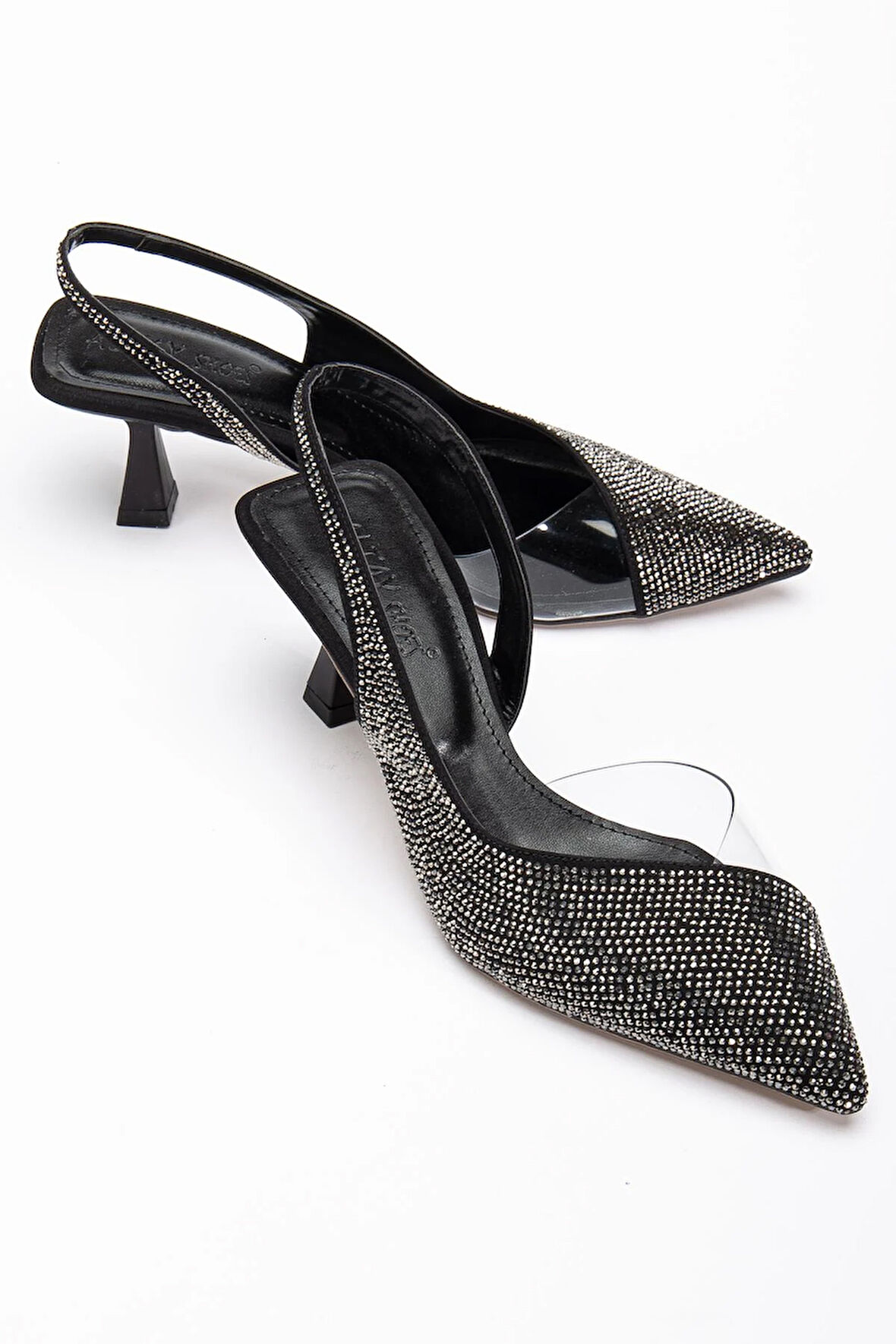 Kadın Abiye Ayakkabı Platin Taşlı Şeffaf Topuk Açık