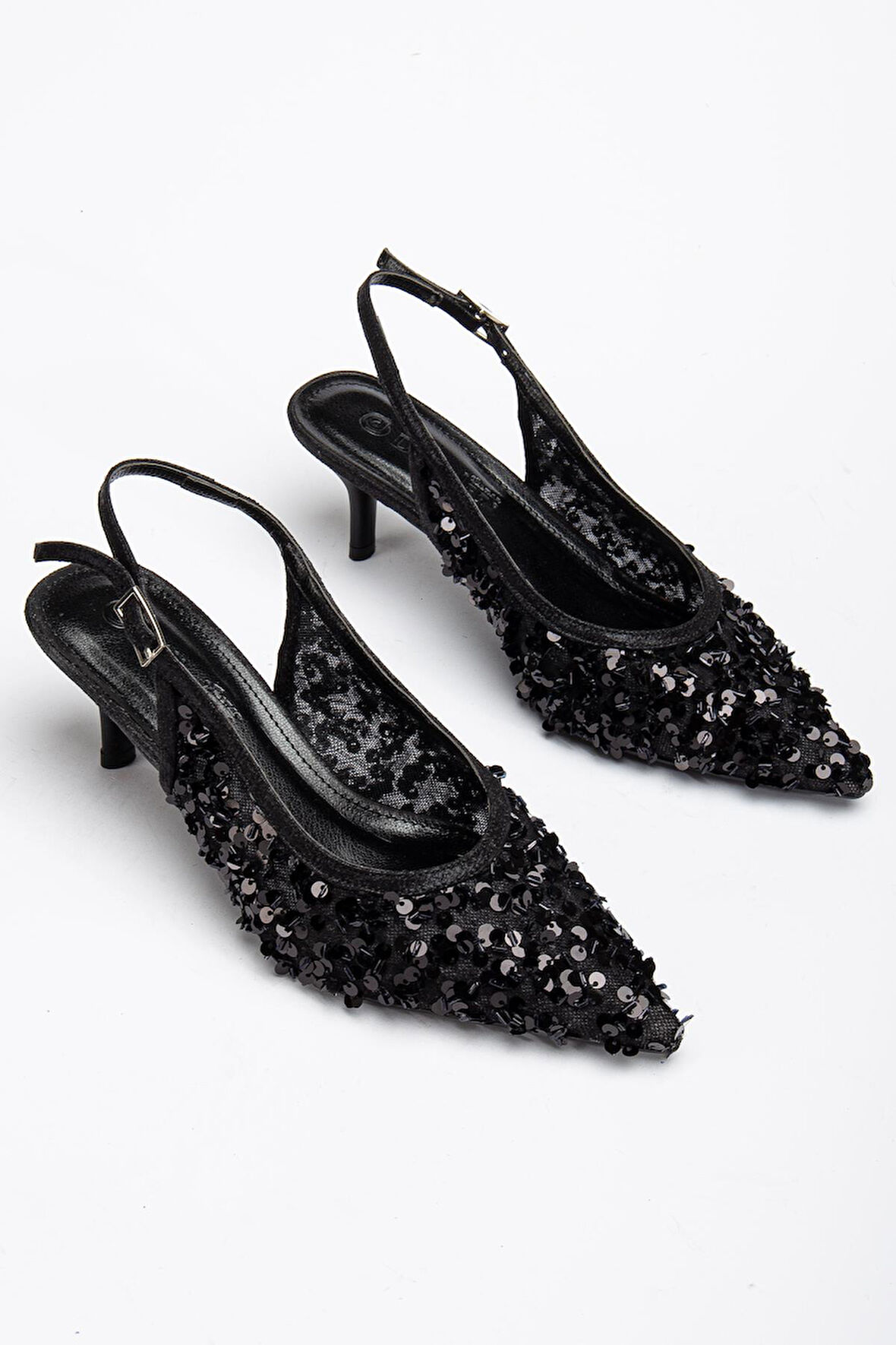 Kadın Kısa Topuklu Abiye Ayakkabı Siyah Pullu File Topuk Açık