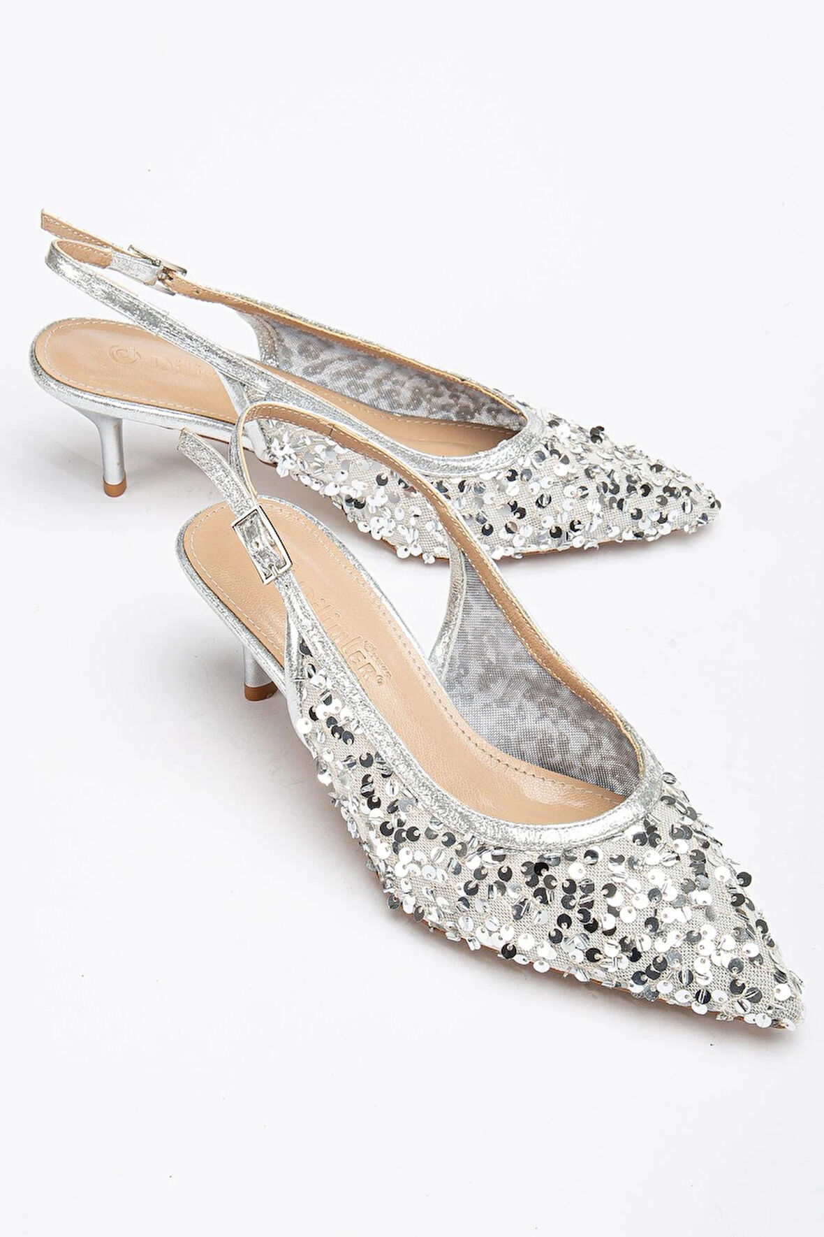Kadın Kısa Topuklu Abiye Ayakkabı Gümüş Pullu File Topuk Açık