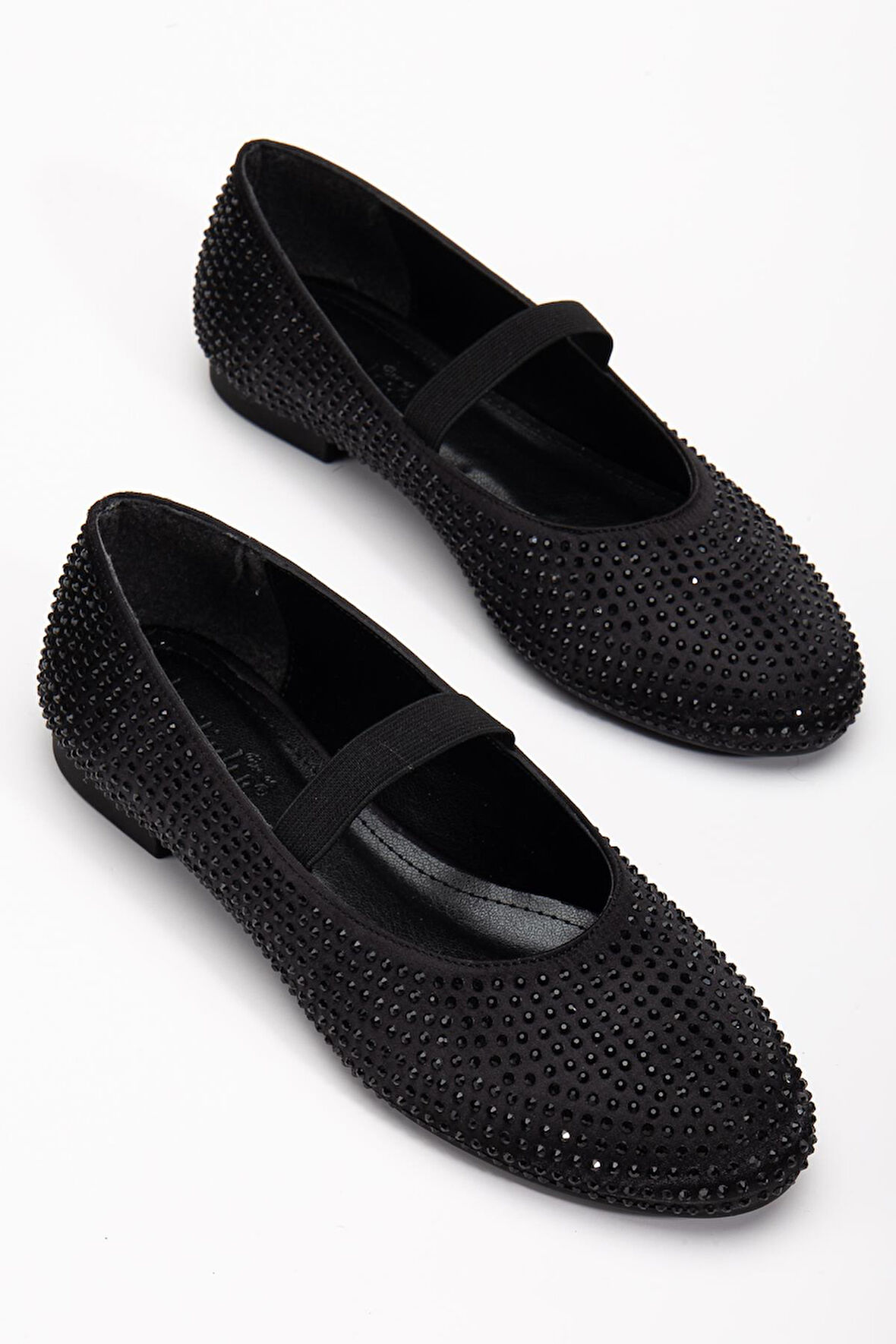 Kadın Babet Siyah Saten Taşlı Elastik Bantlı Yuvarlak Burun