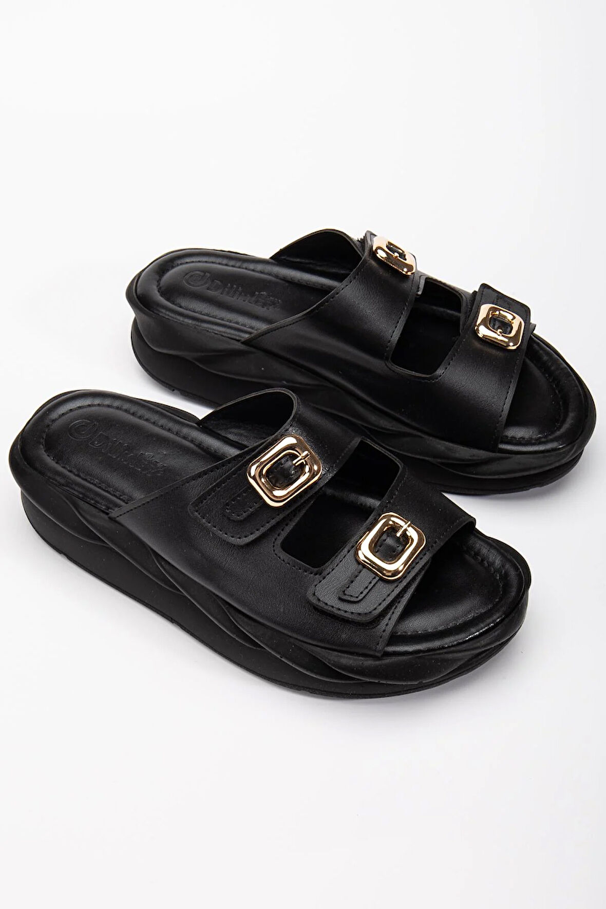 Kadın Dolgu Taban Terlik Siyah 2 Bantlı Suni Deri