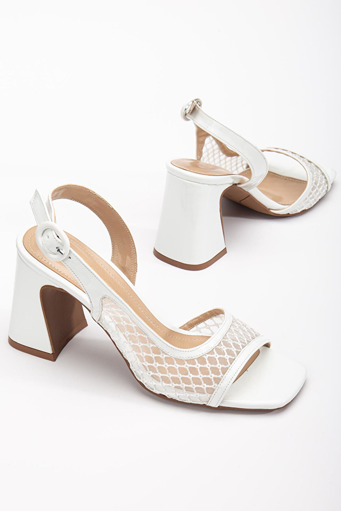 Kadın Topuklu Sandalet Beyaz Yan Fileli Rugan