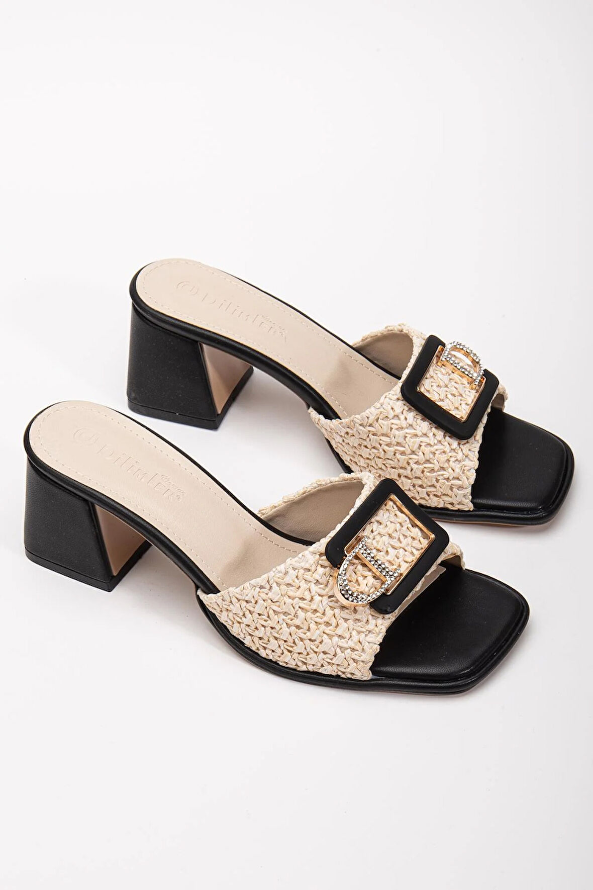 Büyük Beden Kadın Topuklu Terlik Siyah Hasır Desen Taş Tokalı