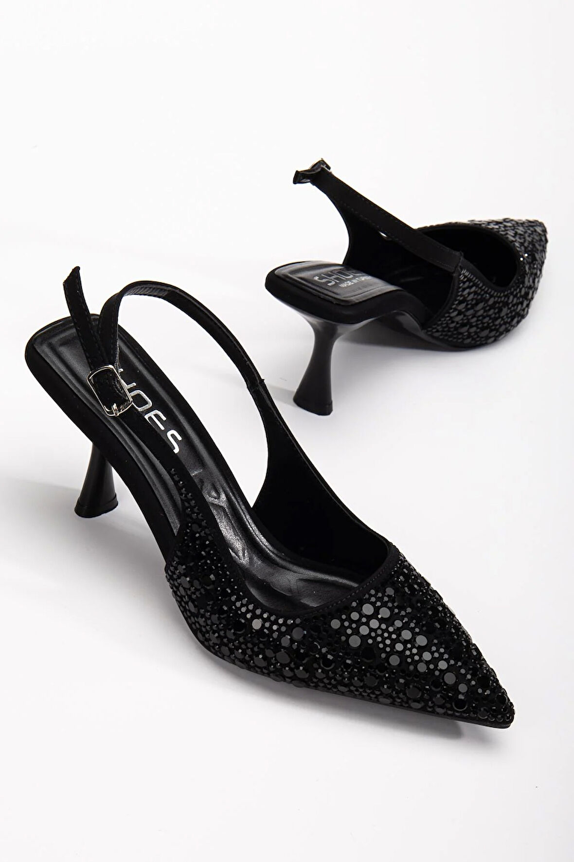 Kadın Abiye Ayakkabı Sİyah İnce Topuklu Taş Döşeme