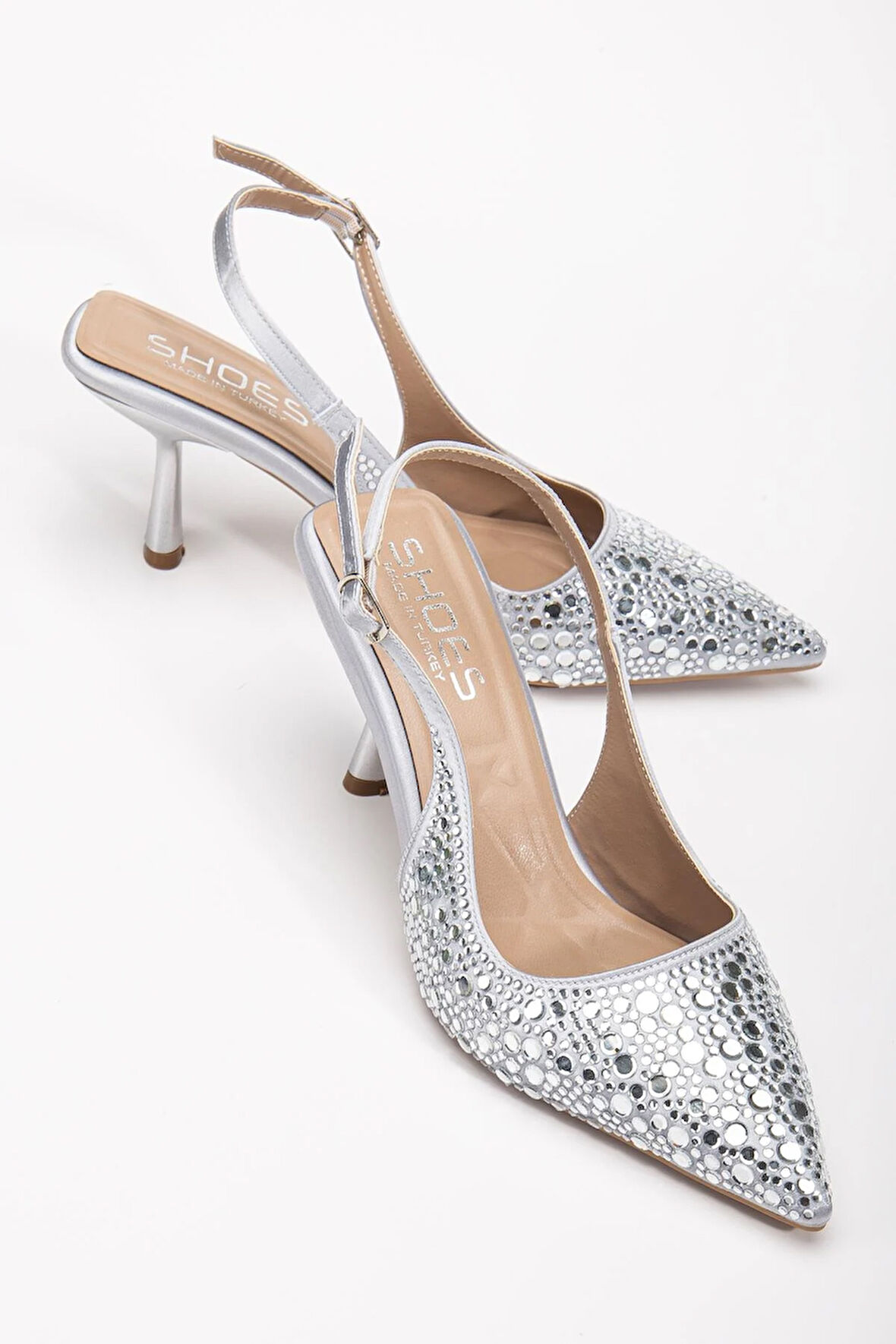 Kadın Abiye Ayakkabı Gümüş İnce Topuklu Taş Döşeme