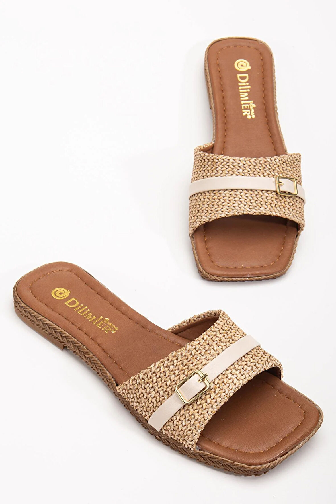 Kadın Düz Topuk Terlik Bej Hasır Kalın Tek Bant