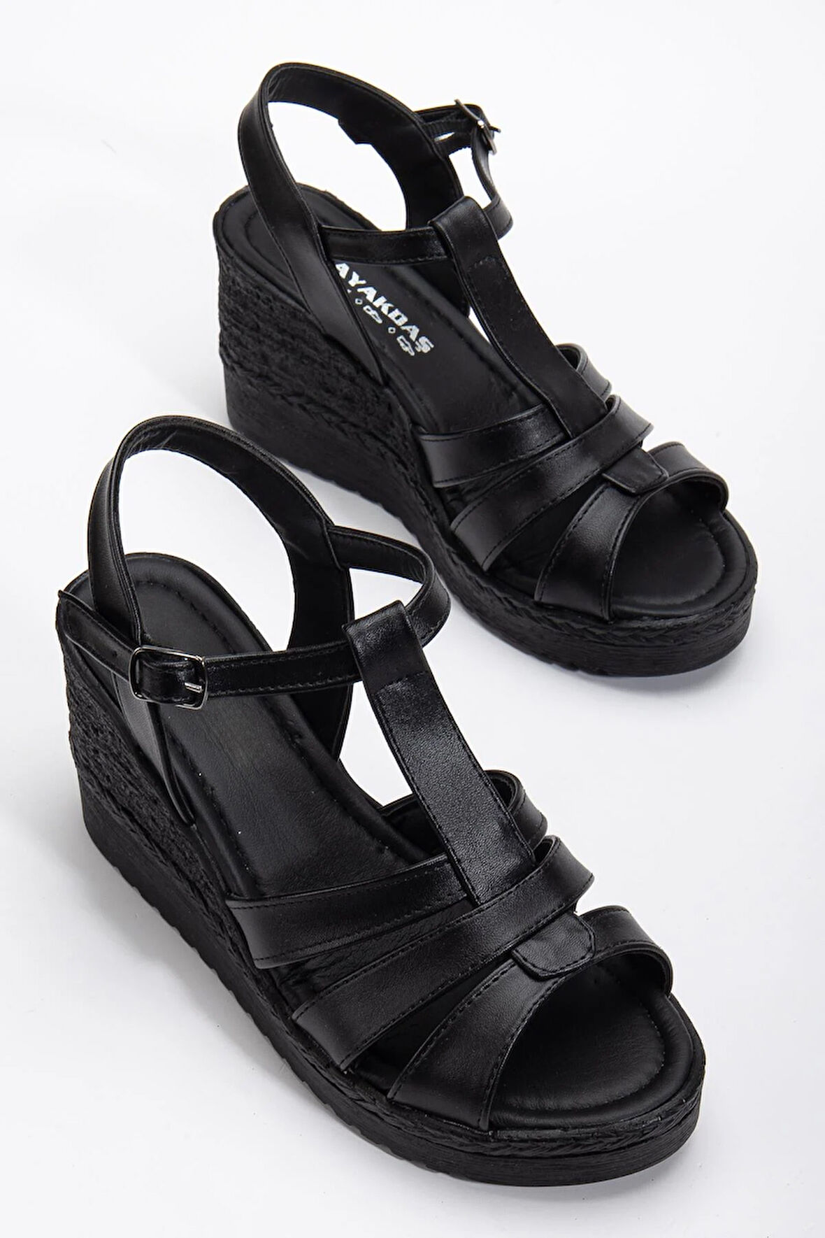 Kadın Dolgu Topuk Sandalet Ayakkabı Siyah 3 Bantlı Baretli