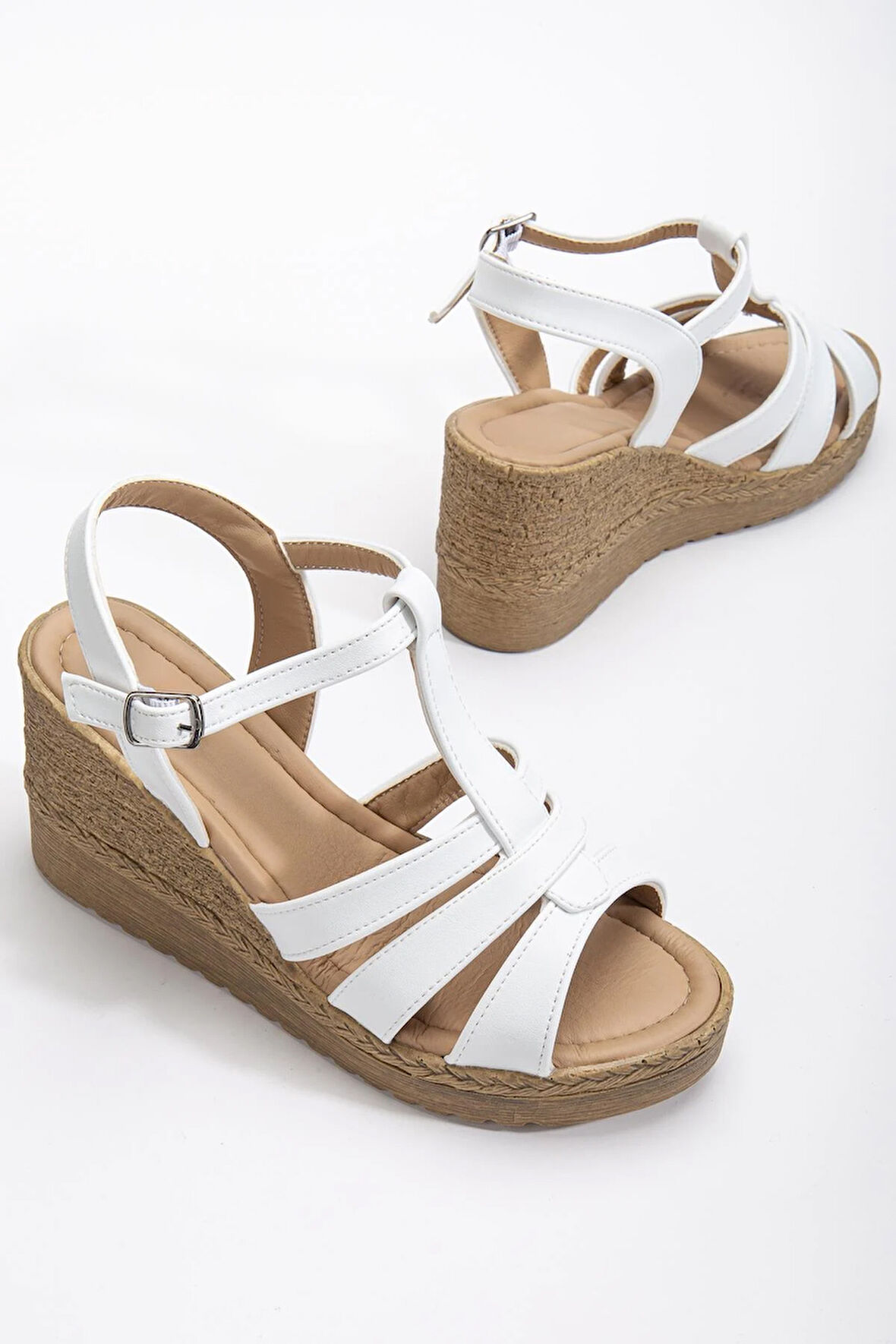 Kadın Dolgu Topuk Sandalet Ayakkabı Beyaz 3 Bantlı Baretli