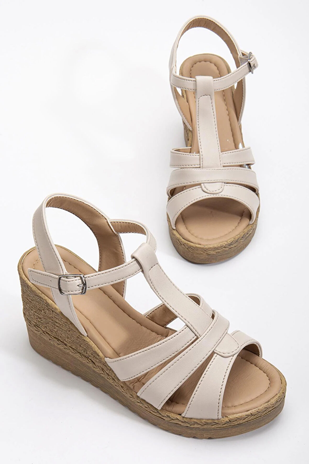 Kadın Dolgu Topuk Sandalet Ayakkabı Bej 3 Bantlı Baretli