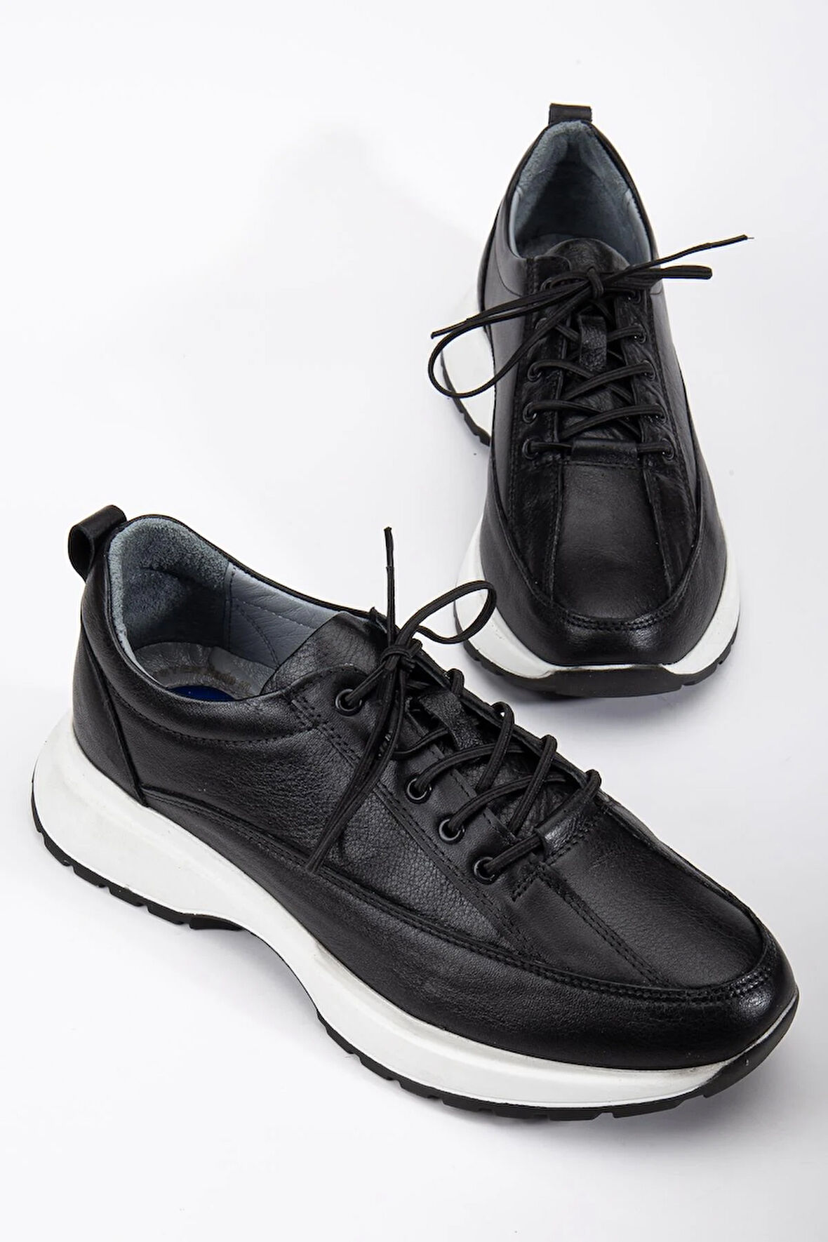 Hakiki Deri Erkek Günlük Ayakkabı Siyah Elastik Bağcıklı Kalın Taban