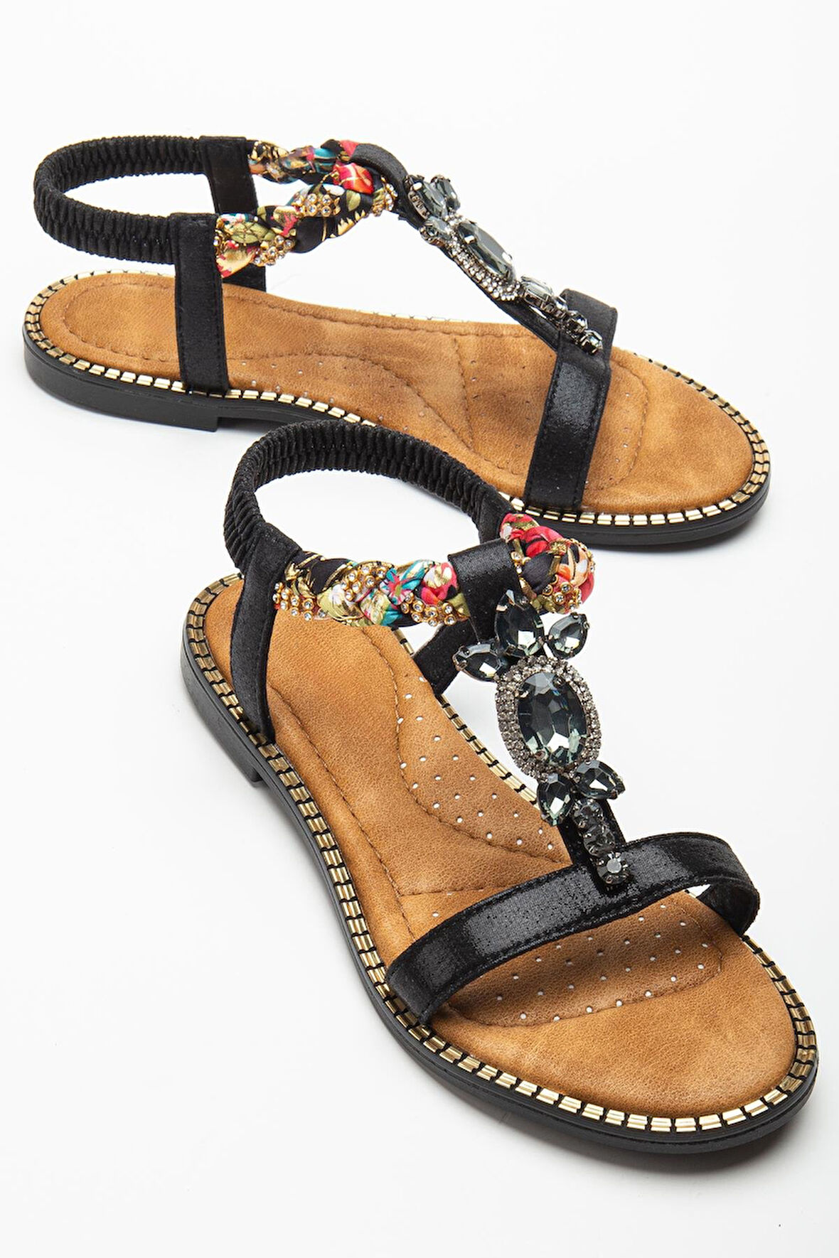 Kadın Düz Topuklu Sandalet Siyah Taşlı Tokalı Tekbant Örgü Baretli