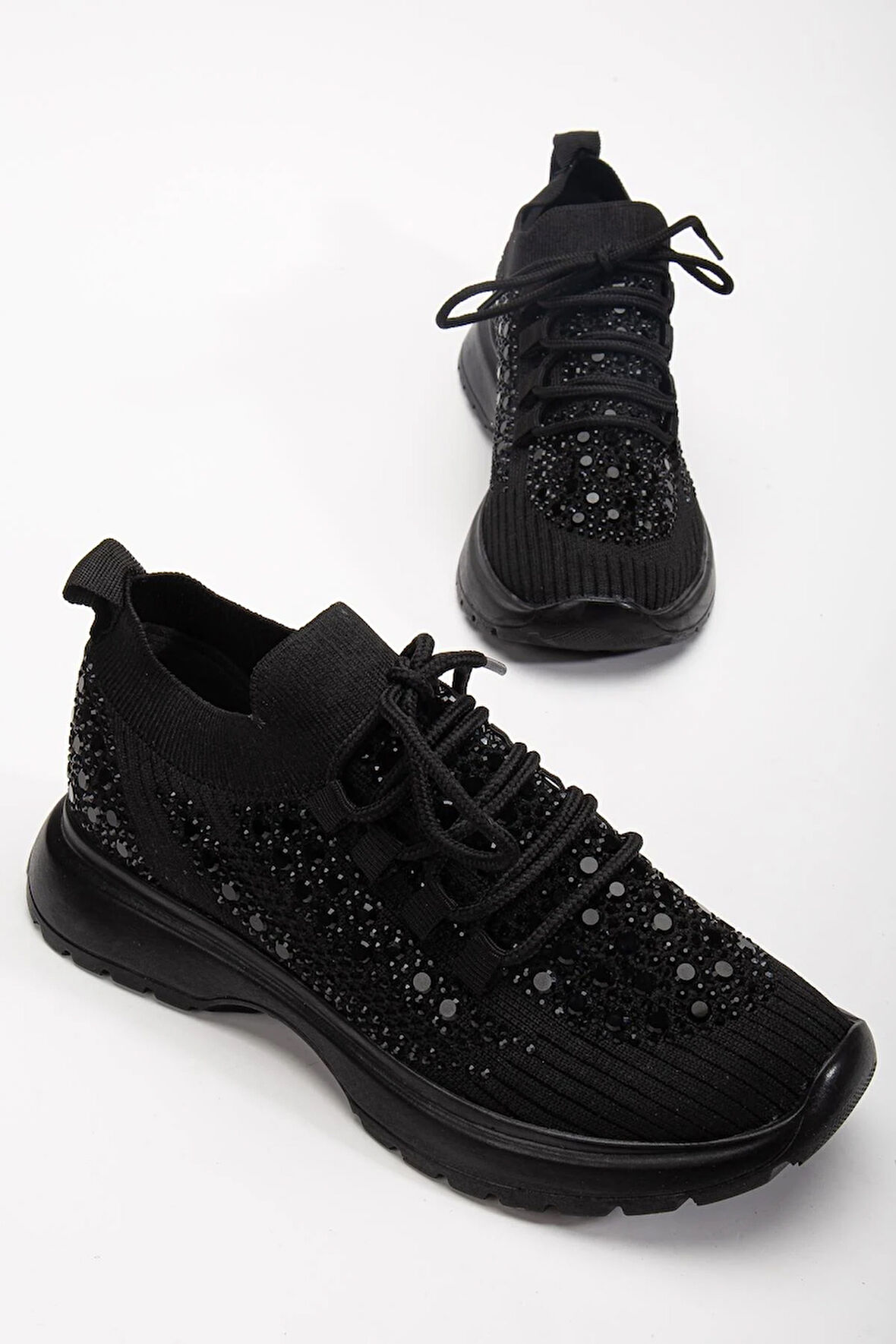 Kadın Spor Ayakkabı Siyah Triko Taş Döşemeli Kalın Taban