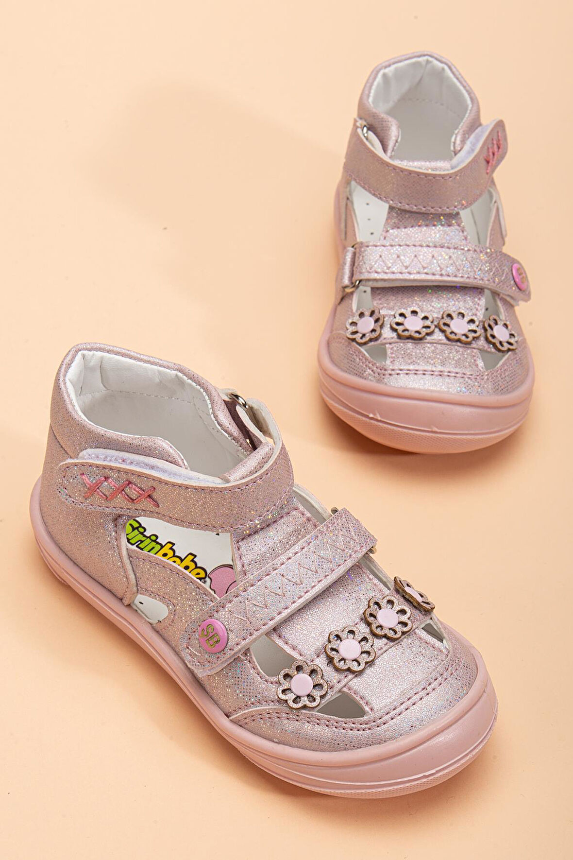 Şirinbebe Ortopedik Kız Bebek İlkadım Ayakkabı Pembe Çift Cırtlı Çiçekli