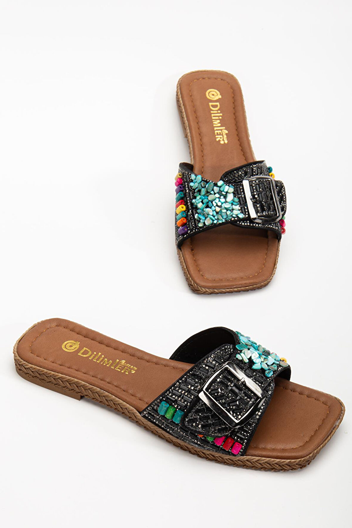 Kadın Düz Topuklu Terlik Siyah Kalın Tek Bantlı Taşlı