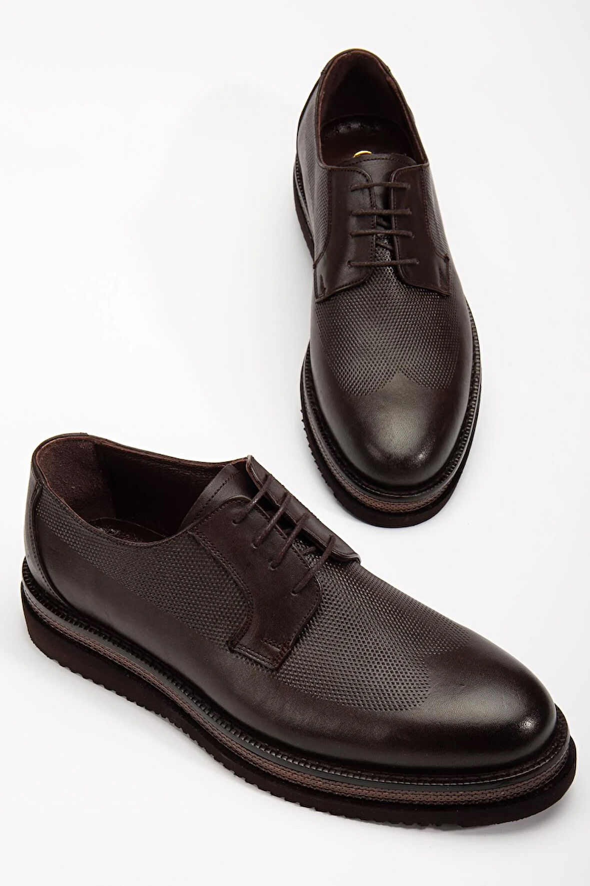 Hakiki Deri Erkek Klasik Ayakkabı Kahve M Model Baskılı Deri Bağlı