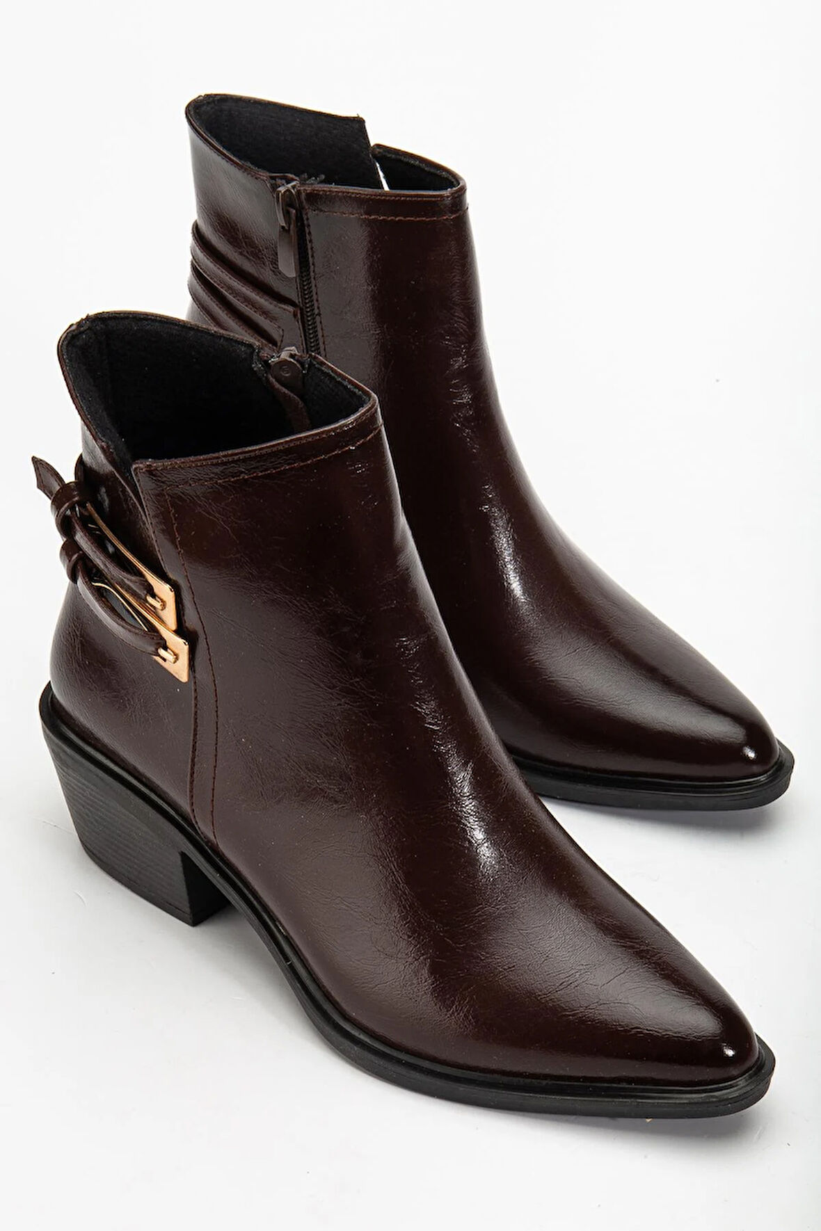 Kadın Topuklu Bot Kahve Rugan Sivri Vestern Toaklı