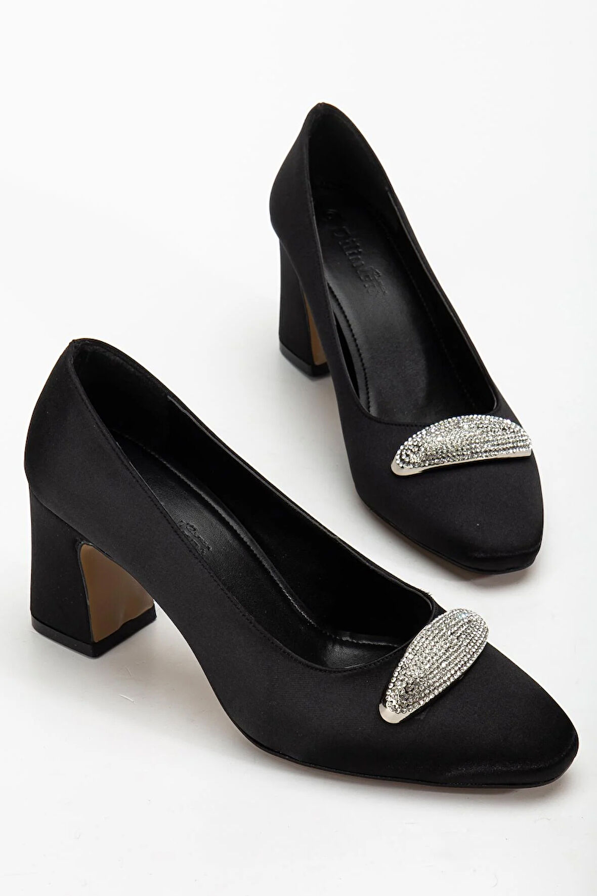 Kadın Siletto Topuklu Ayakkabı Sİyah Saten Taşlı Kalın Topuklu