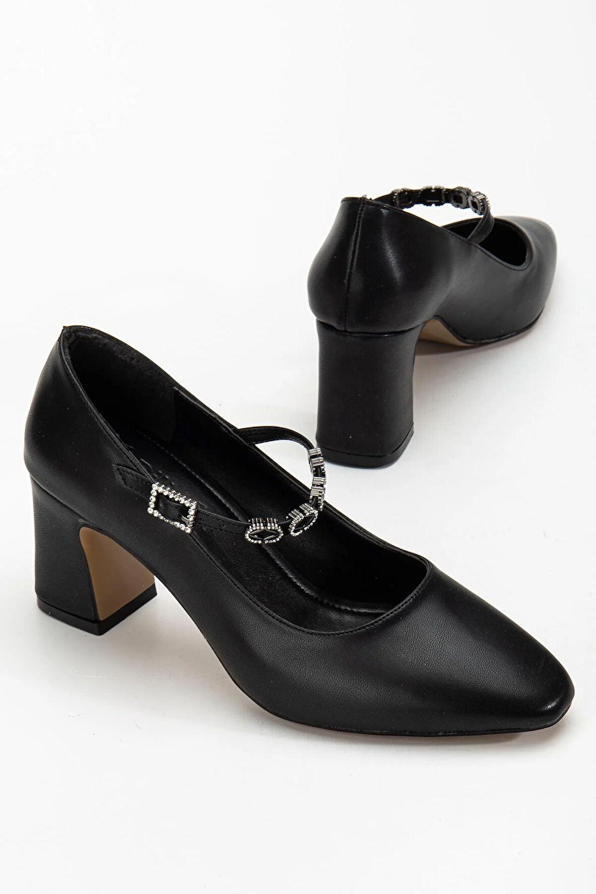 Kadın Stiletto Topuklu Ayakkabı Siyah Suni Deri Baret Taşlı Kalın Topuklu