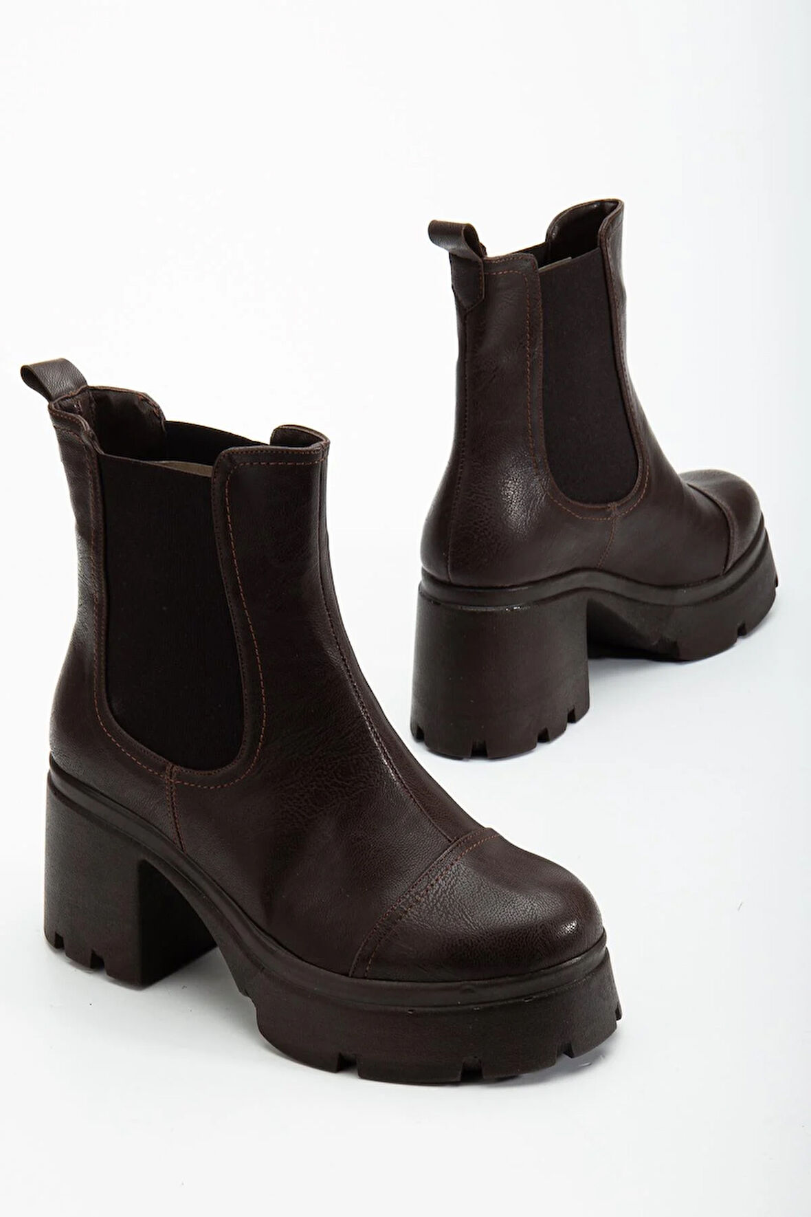 Topuklu Bot Kadın Platform Kahverengi Parçalı Elastik Kalın Taban