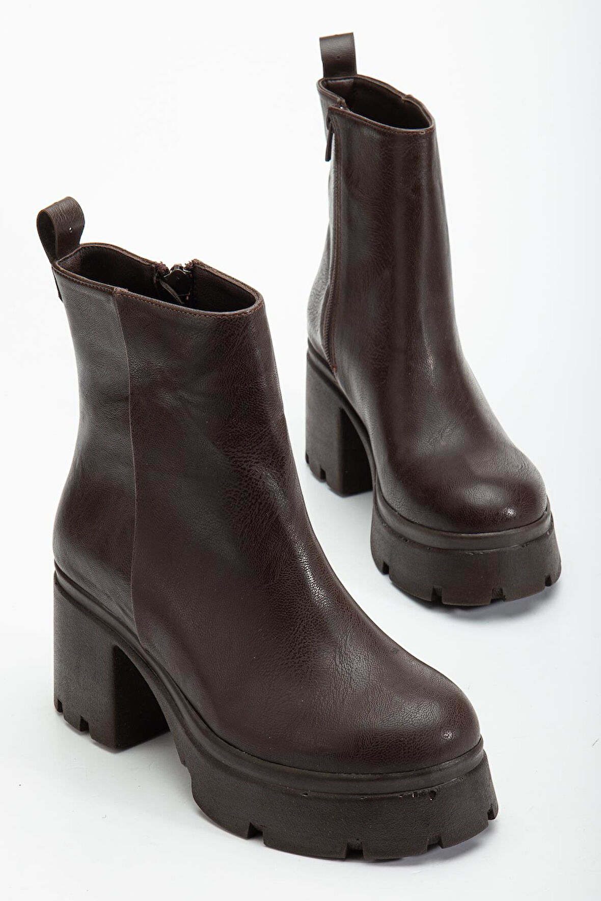 Topuklu Bot Kadın Platform Kahve Yüzüdüz Fermuarlı