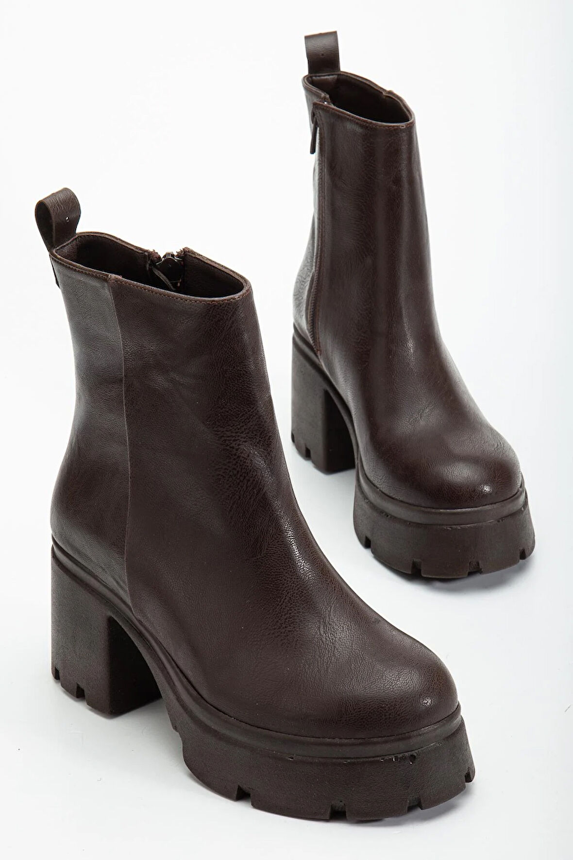 Topuklu Bot Kadın Platform Kahve Yüzüdüz Fermuarlı