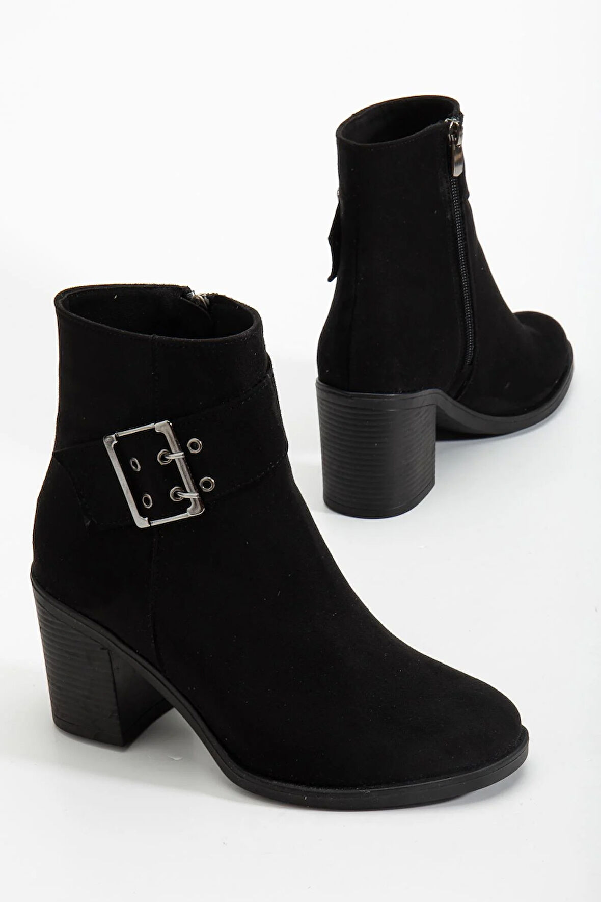 Kadın Topuklu Bot Siyah Süet Hazır Taban Yan Tokalı