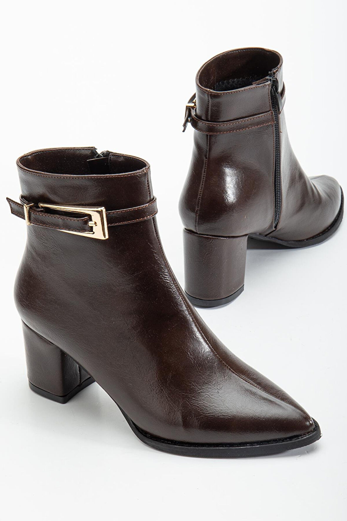 Kahverengi Kadın Topuklu Bot Kırışık Rugan Sivri Kalıp Tan Tokalı