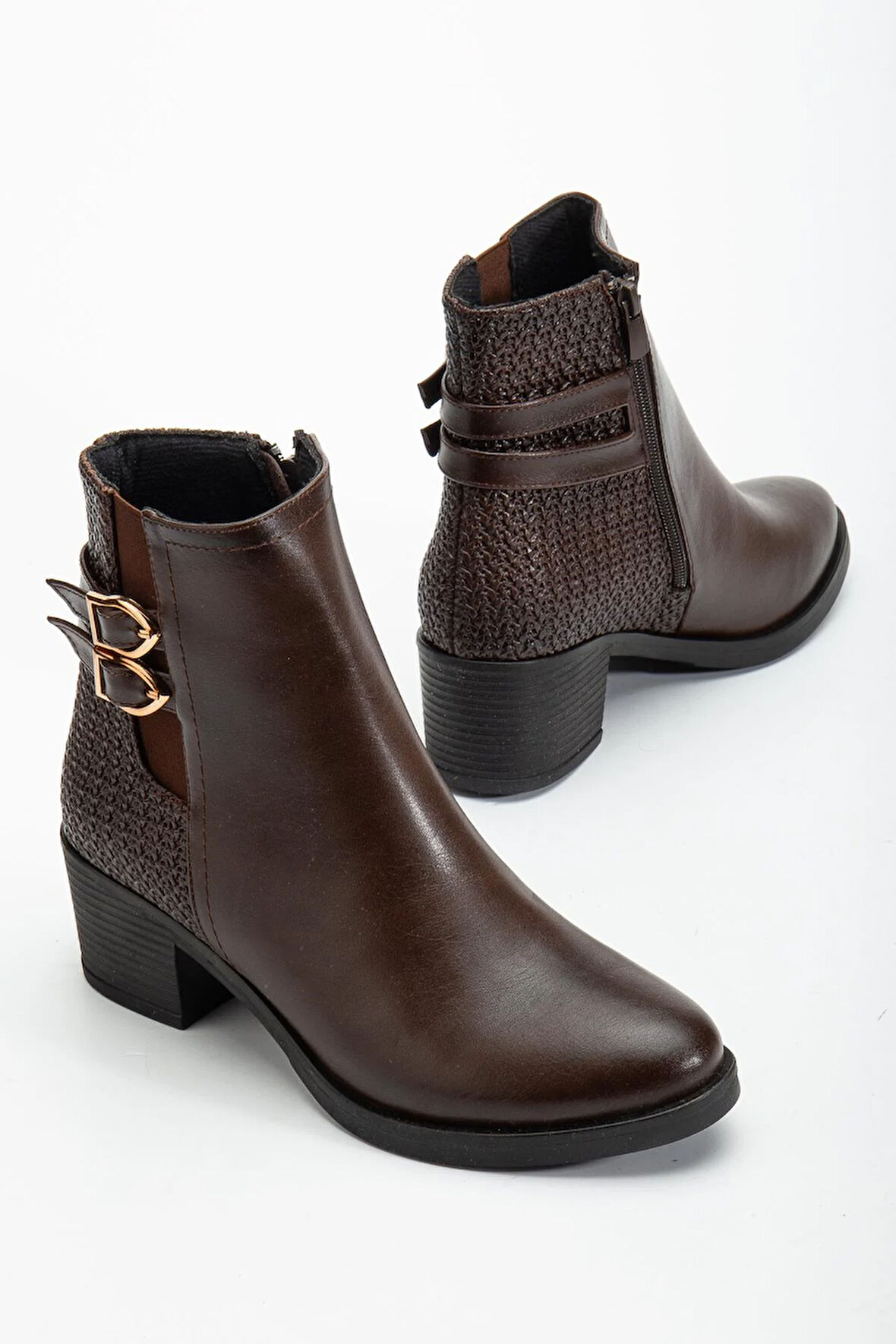 Kahverengi Kadın Topuklu Bot Hasır Detaylı Suni Deri Tokalı