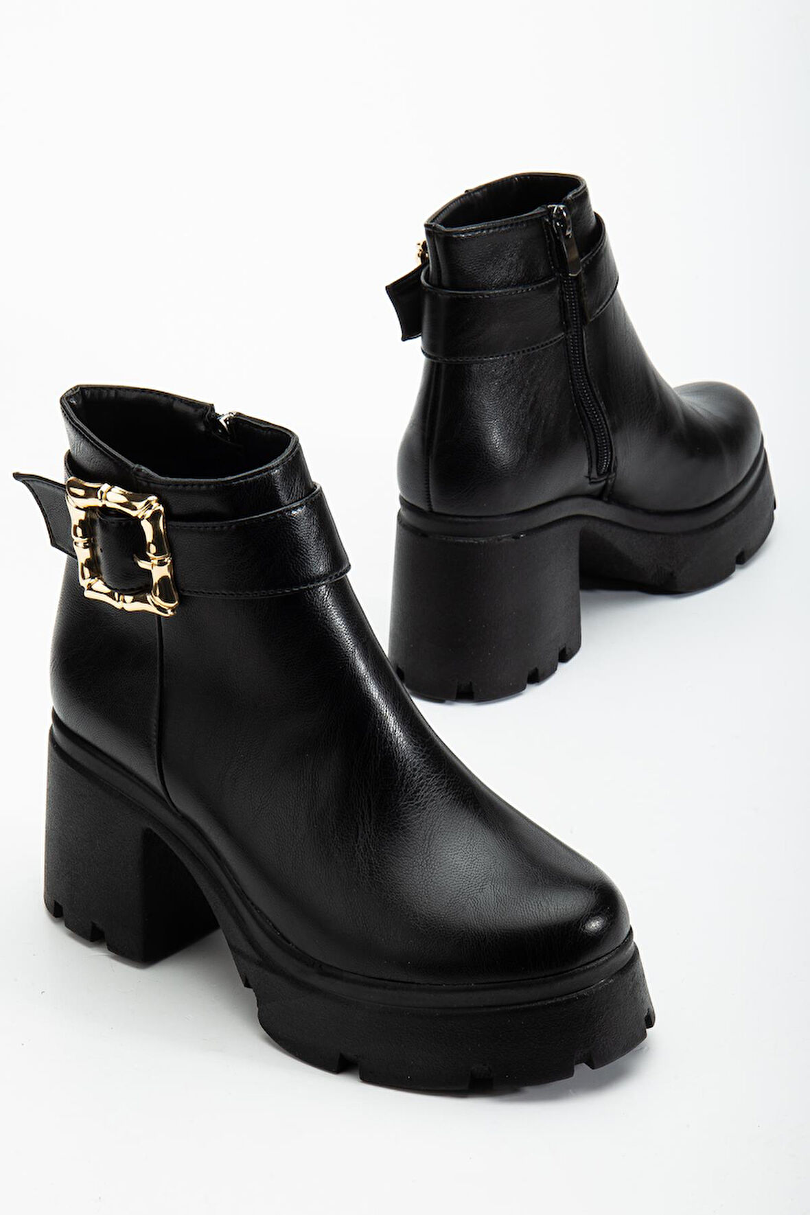 Siyah Kadın Platform Topuklu Bot Tokalı Suni Deri