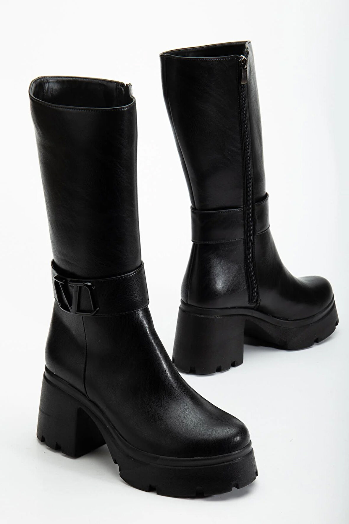 Siyah Kadın Platform Topuklu Çizme Diz Altı Suni Deri Kemer Tokalı